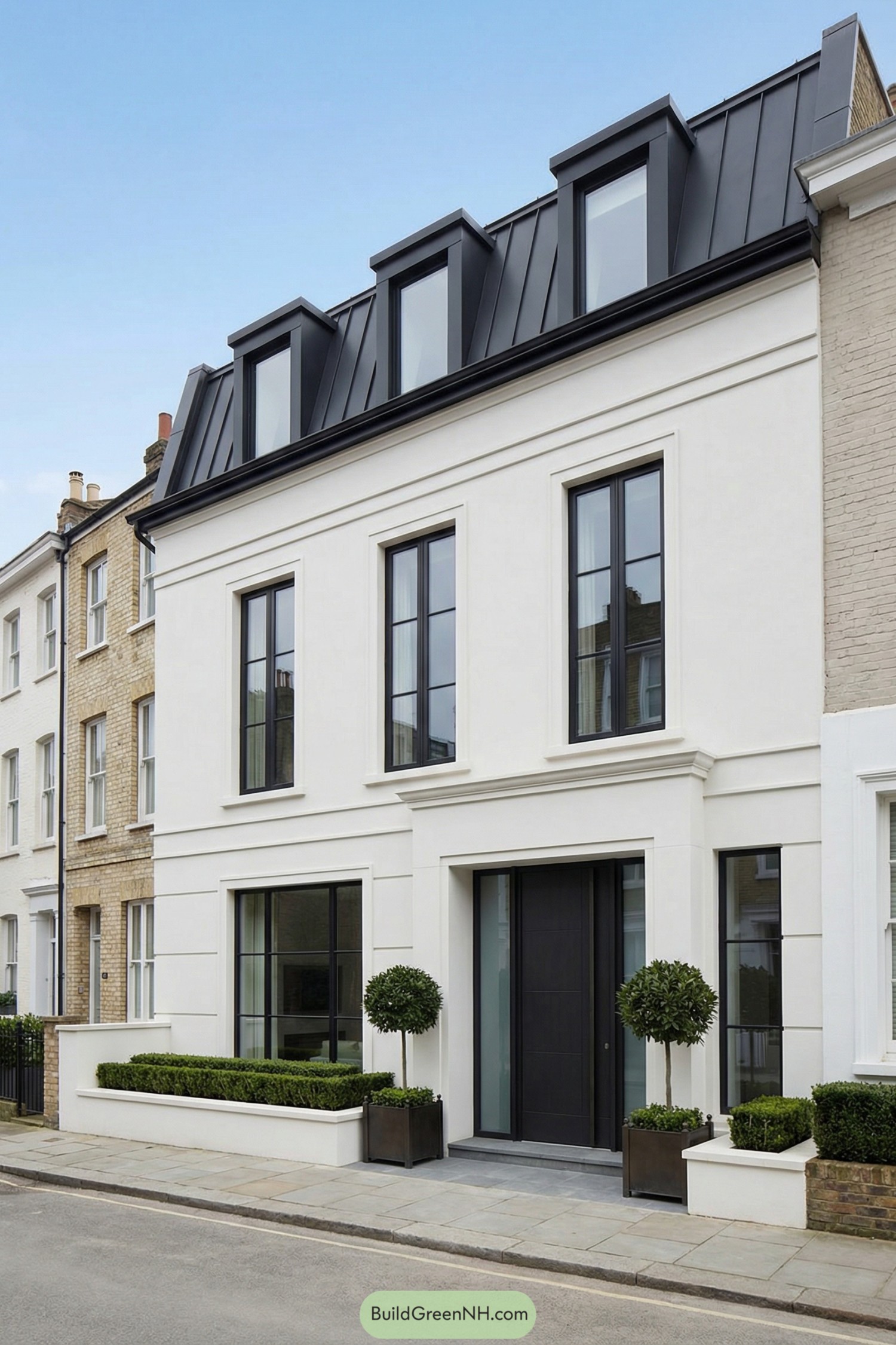 White three-story townhouse with tall black-framed windows and a stepped black metal mansard roof