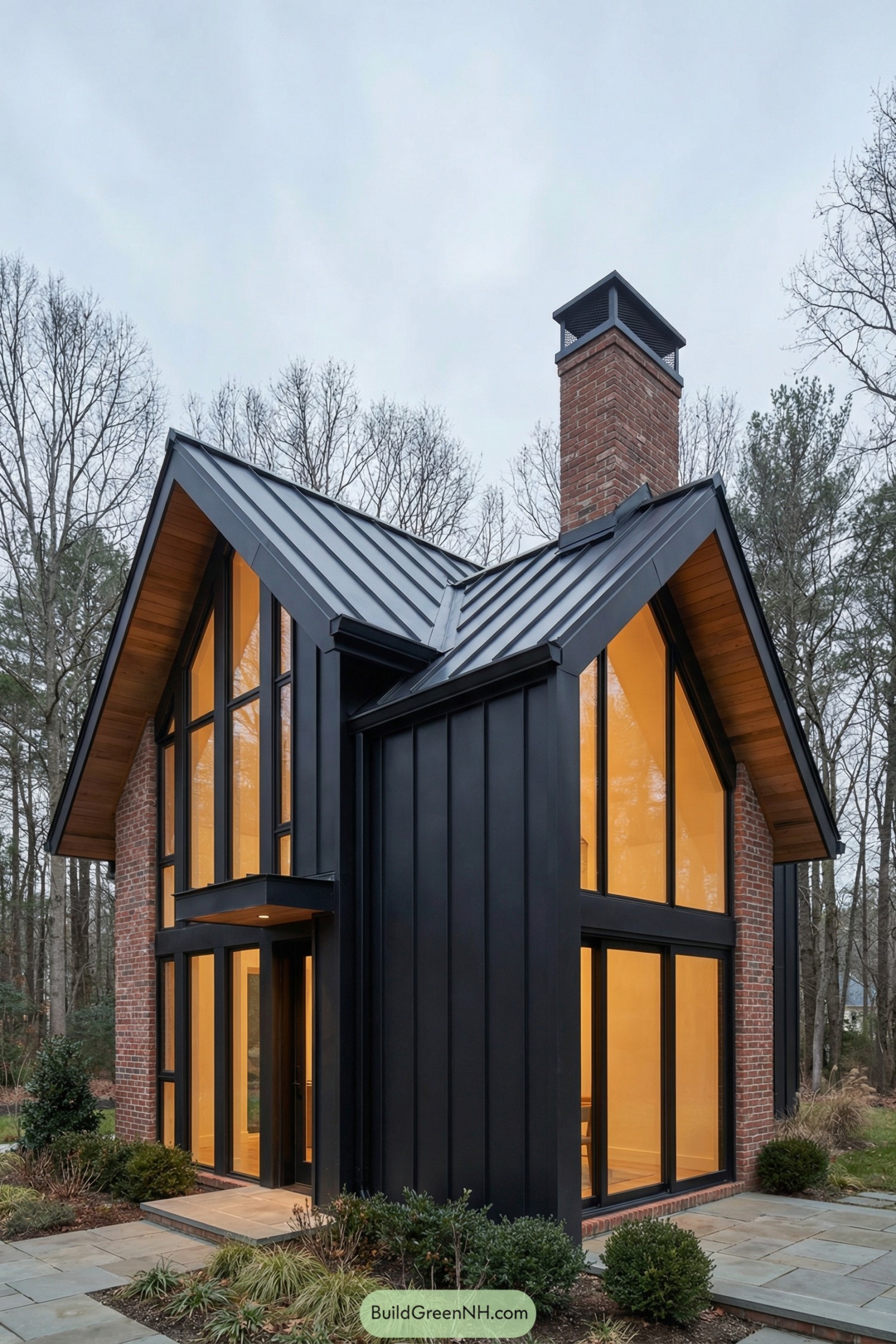 Tall black metal roof house with warm glowing windows and brick chimney in a wooded yard