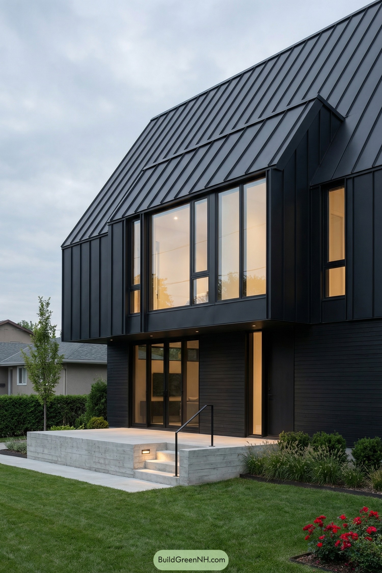 Black metal-clad modern house with tall windows and concrete porch