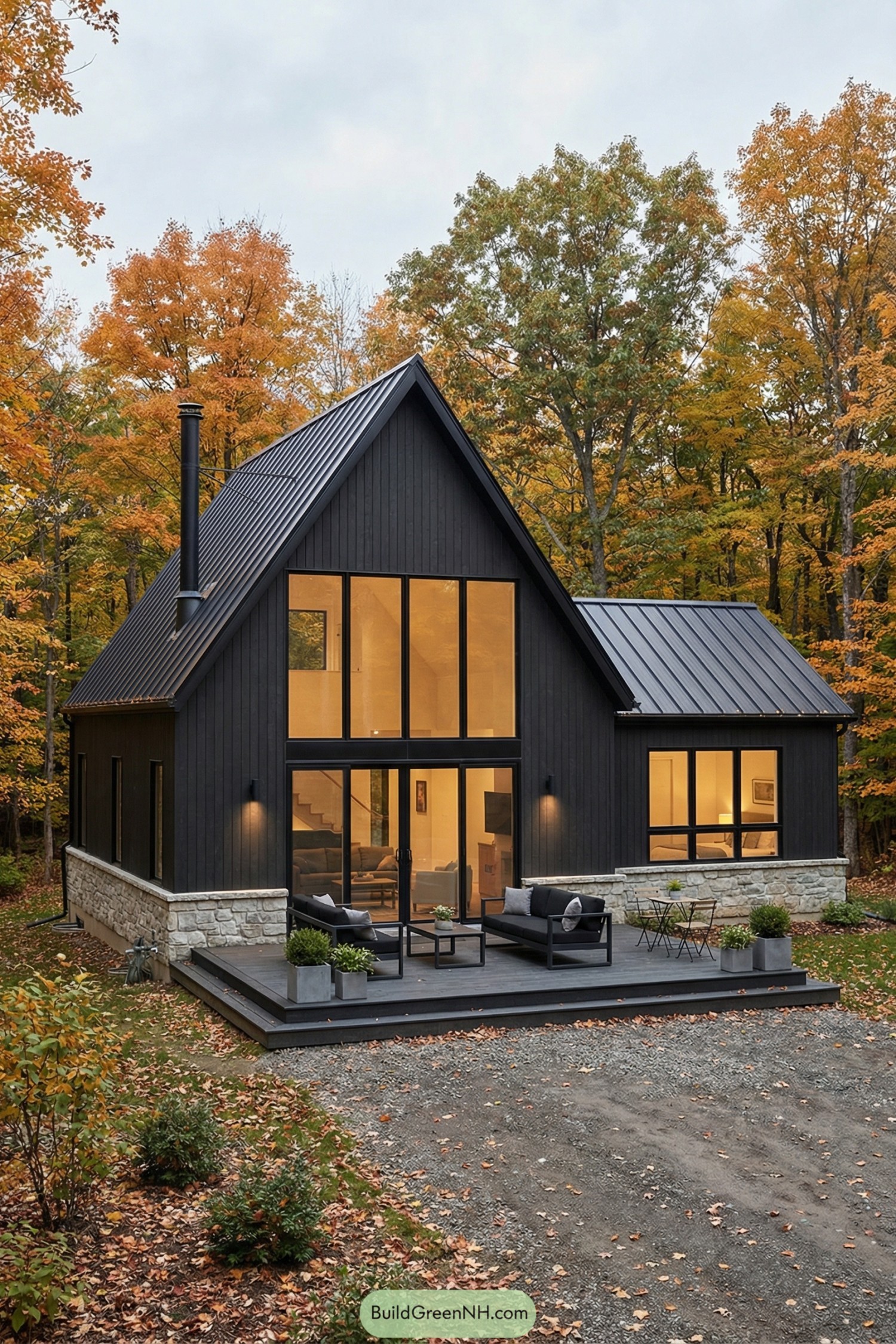 Compact black cabin with steep metal roof and large windows opening to a forest deck