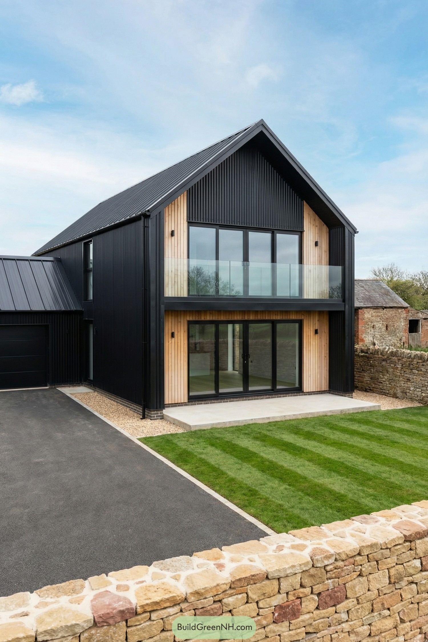 Two-story modern house with black metal roof large glass doors and a balcony facing a striped lawn