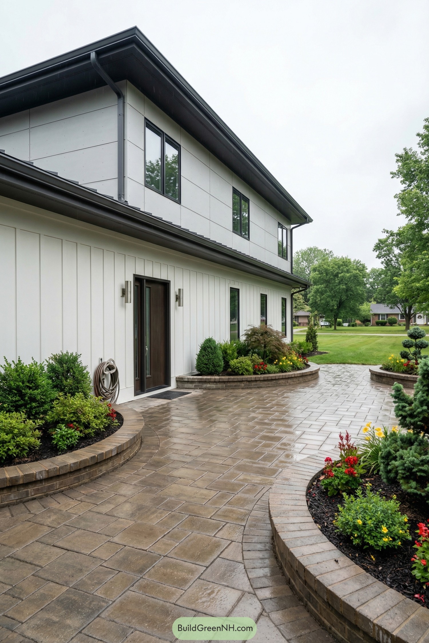 Curved brick-paved courtyard with raised flowerbeds
