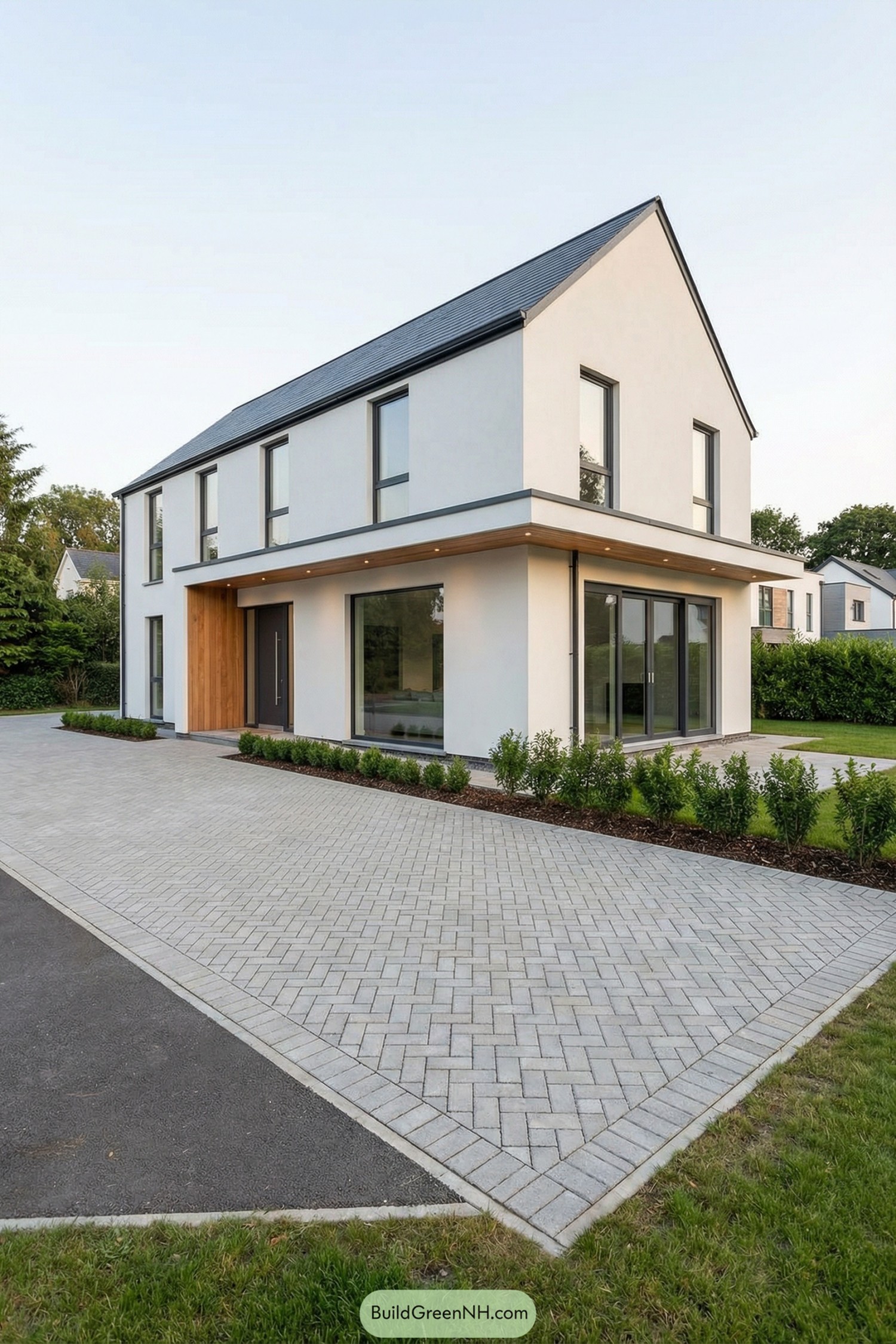 Modern two-story gabled house with light brick-paved courtyard and low hedge borders