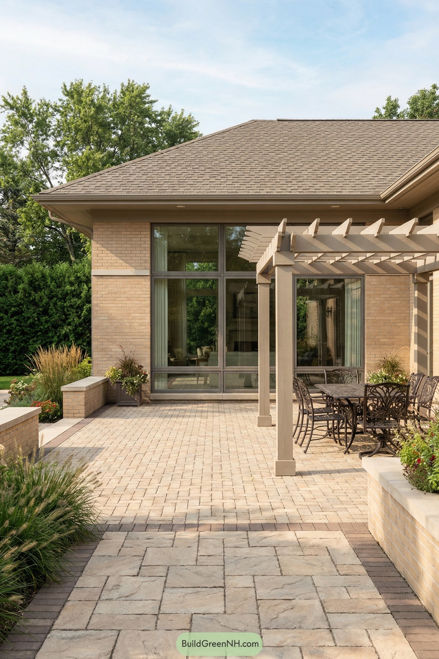 Brick-paved courtyard with pergola and outdoor dining set beside large modern windows