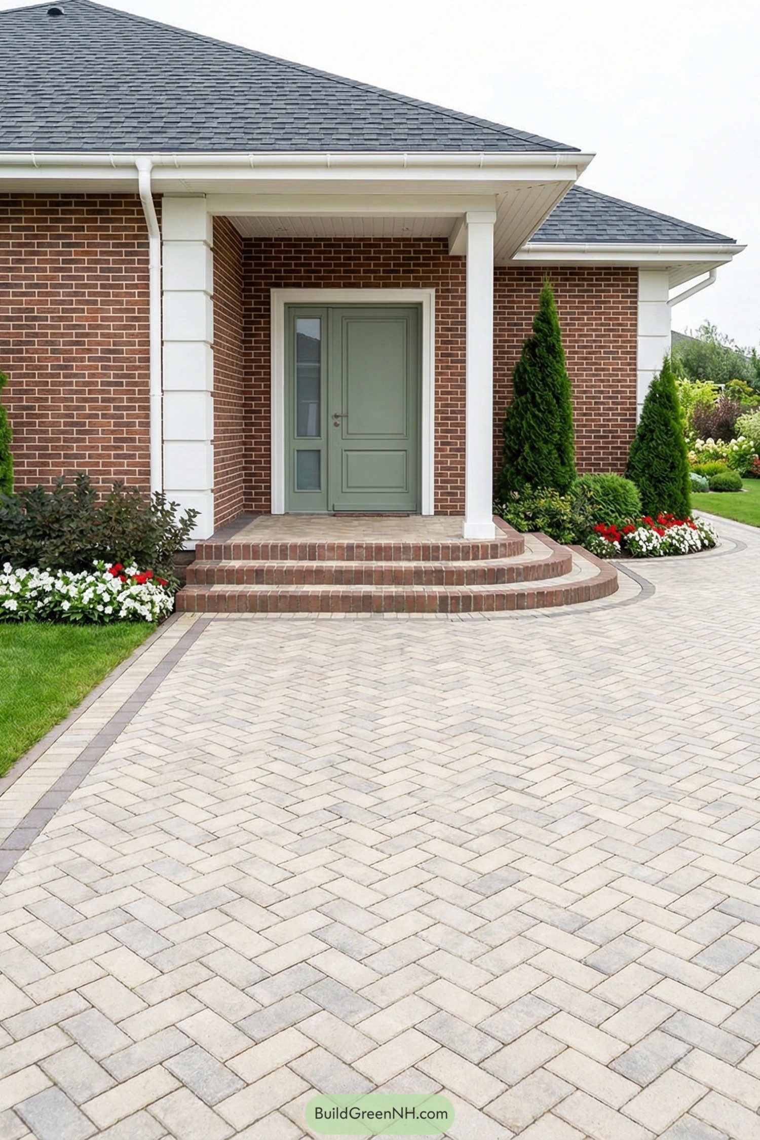 Front brick house with pale herringbone paver courtyard leading to a mint-green front door and curved brick steps, framed by manicured shrubs and flower beds