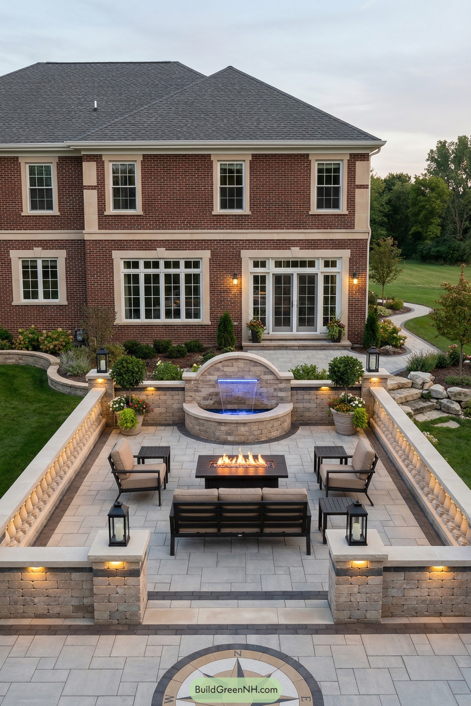 Brick courtyard patio with fire table and fountain