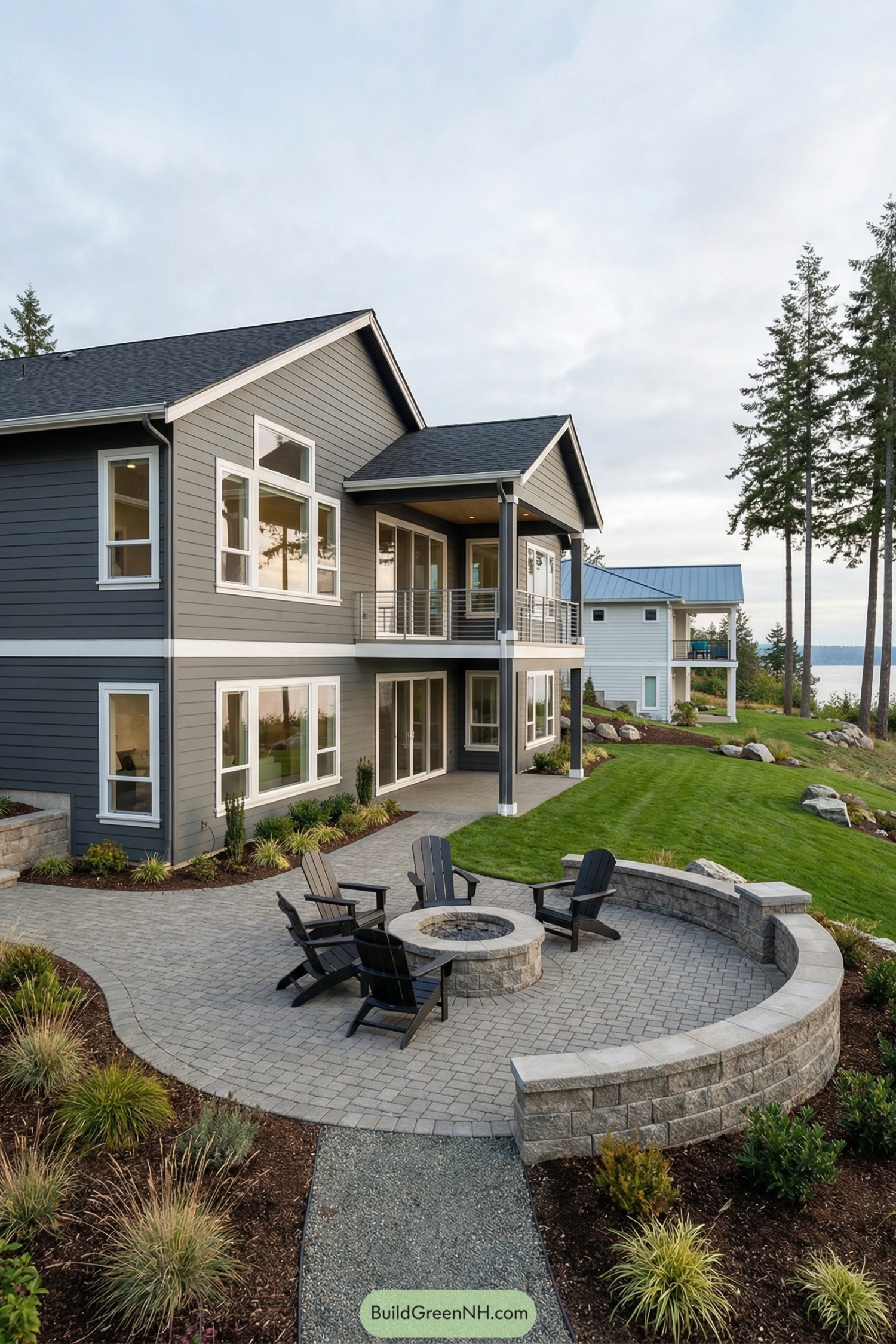 Modern gray home with curved brick courtyard featuring a built in fire pit and Adirondack chairs
