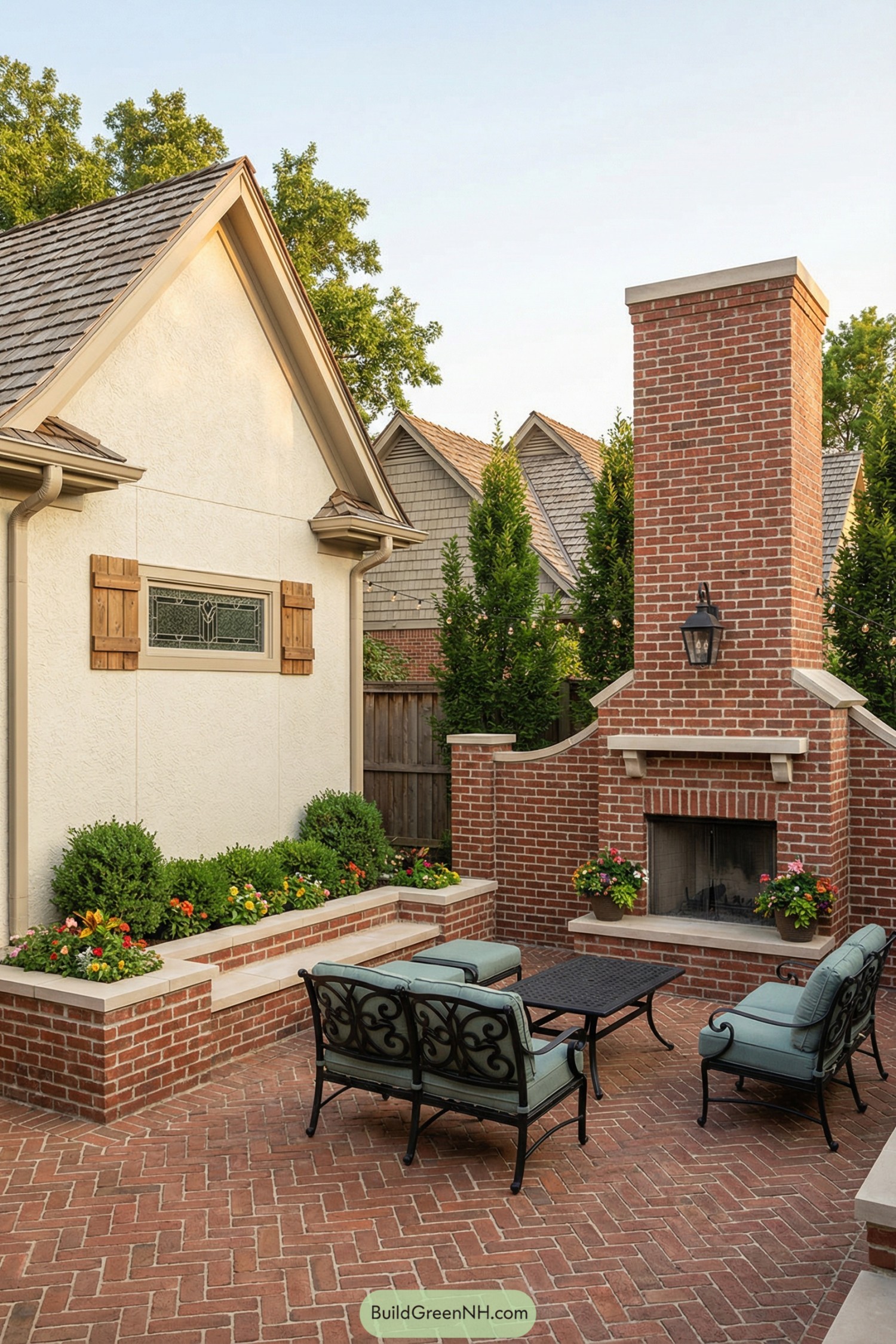 Brick patio courtyard with outdoor fireplace and seating