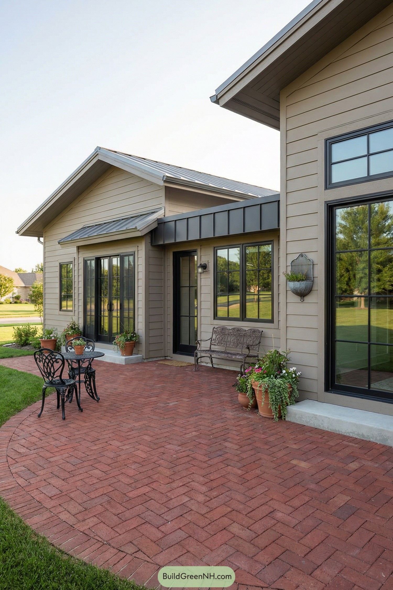 Brick herringbone courtyard with seating by modern house
