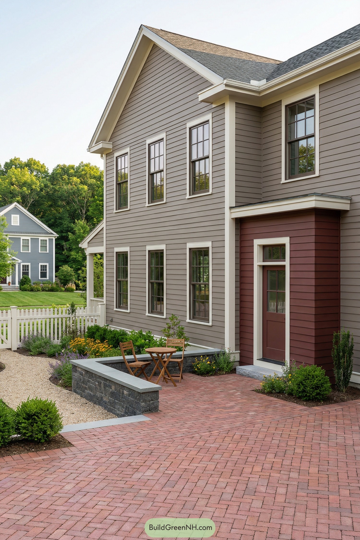 Cozy brick courtyard with low stone wall, bistro set, and cottage-style siding