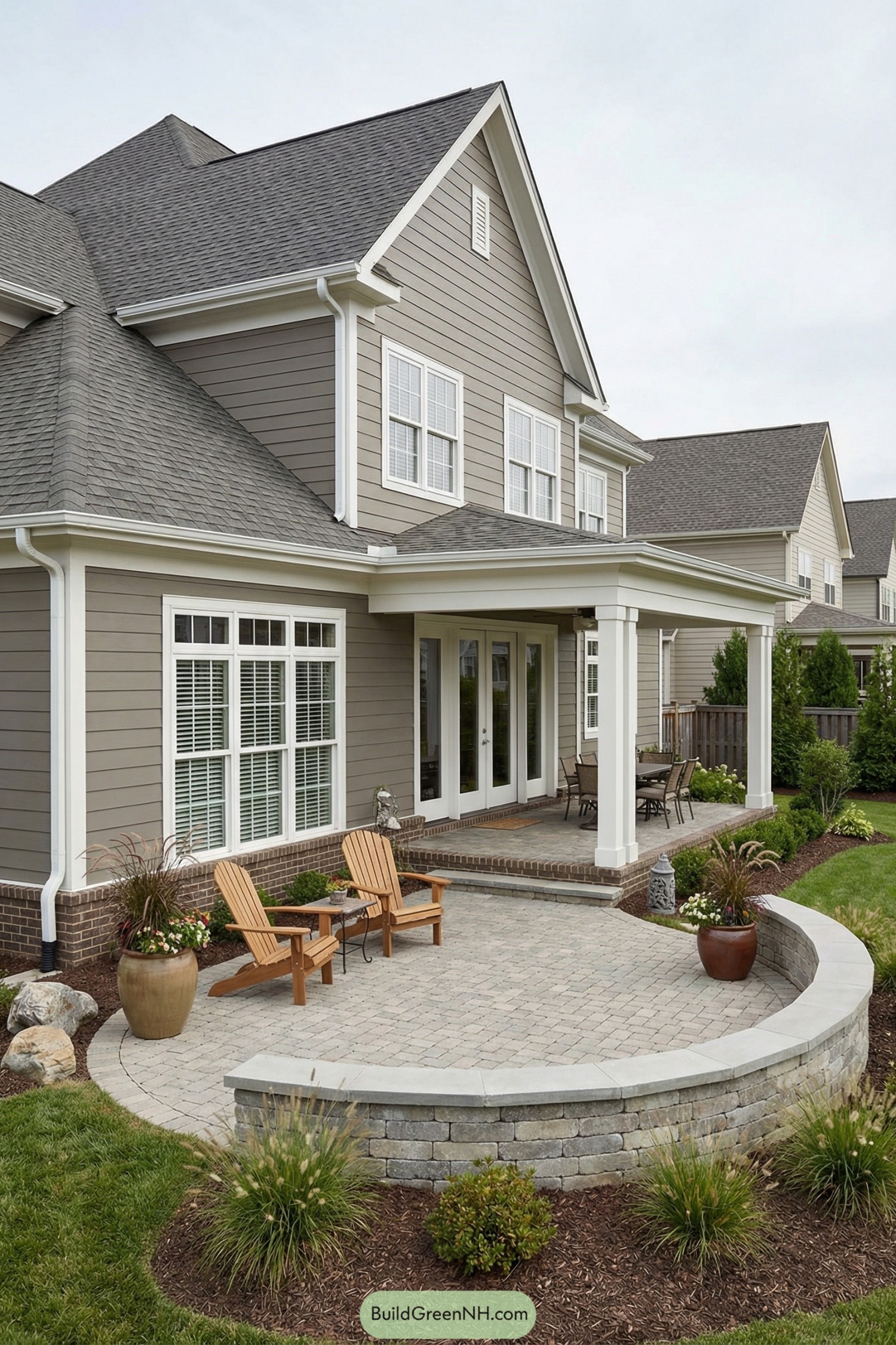Curved brick and paver patio with seating and landscaping behind a modern two-story house