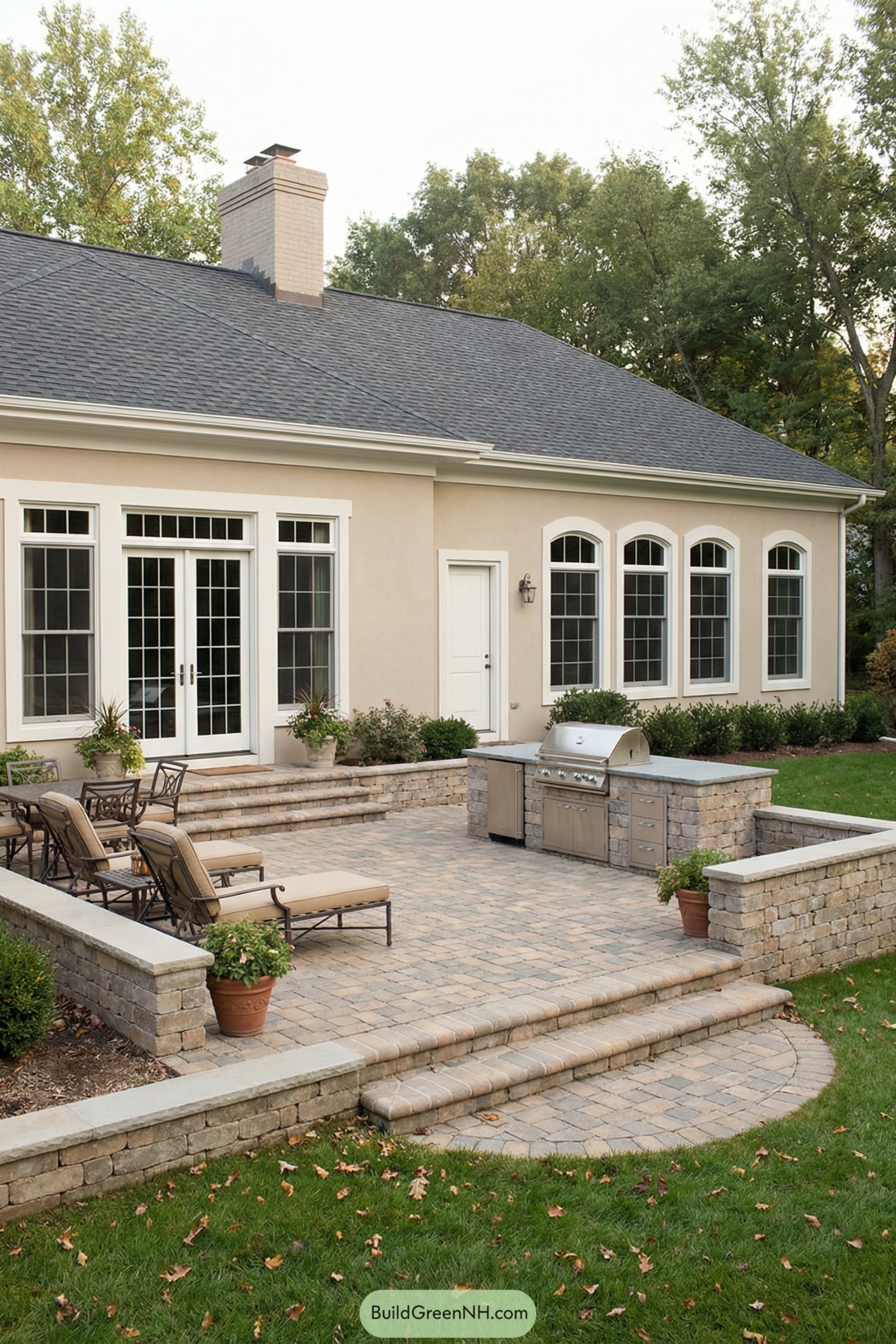 Stone patio courtyard with grill, seating, and garden