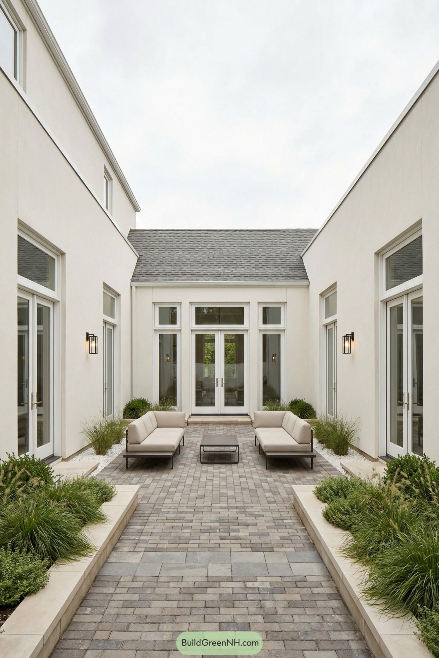 high-res photo of modern house with brick paved courtyard, minimalist contemporary facade with clean lines and flat wall planes forming a U-shaped volume around the courtyard, exterior walls in smooth off-white stucco, structure composed of two parallel side wings and a shorter rear wing closing the courtyard, low-pitched gable roof on the rear wing with gray asphalt shingles, side wings with flat or low concealed roofs, large vertically oriented French doors and full-height windows with white frames lining both side wings, rear facade with symmetrical arrangement of glazed French doors and tall sidelights with transom windows above, courtyard fully paved with rectangular brick and stone pavers in varied gray and taupe tones laid in mixed running bond and modular patterns, central outdoor lounge area with two L-shaped modern sofas in light beige upholstery and low-profile dark metal coffee table, linear raised planting beds along both sides of the courtyard edged with light stone blocks, densely planted with ornamental grasses and low green shrubs, narrow strip of white gravel between beds and walls, soft wall-mounted black metal sconces on side facades, setting framed as an intimate enclosed outdoor room with clean geometry and strong linear perspective, background limited to surrounding facades under bright but diffused daylight. real-life photo, high-resolution, architectural photography, soft lighting, cinematic composition.
