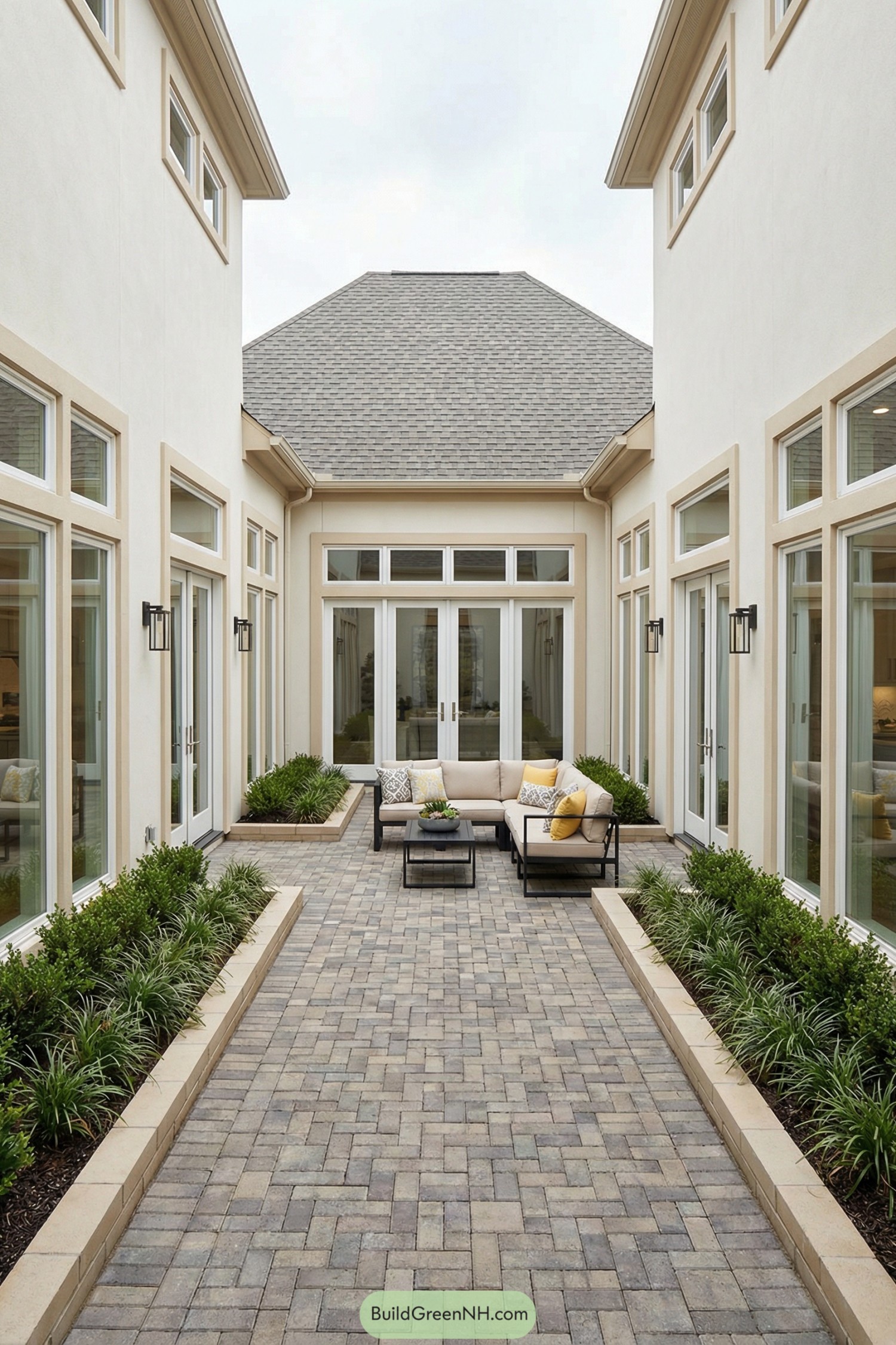Long, narrow brick courtyard between cream-colored house wings, with raised planting beds and a corner outdoor sofa set around a low table