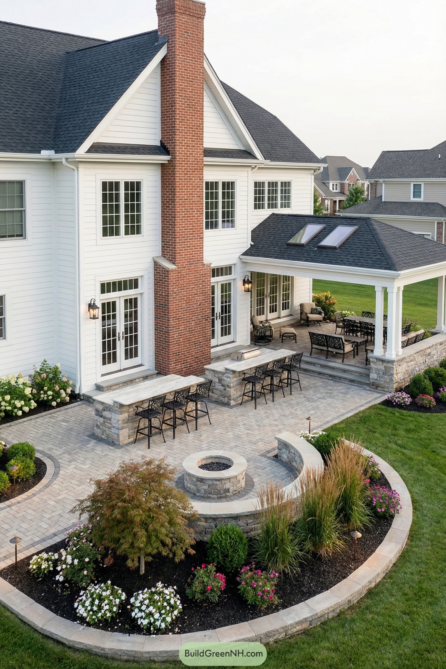 Spacious brick courtyard with fire pit, covered lounge, and lush garden edging a white traditional home