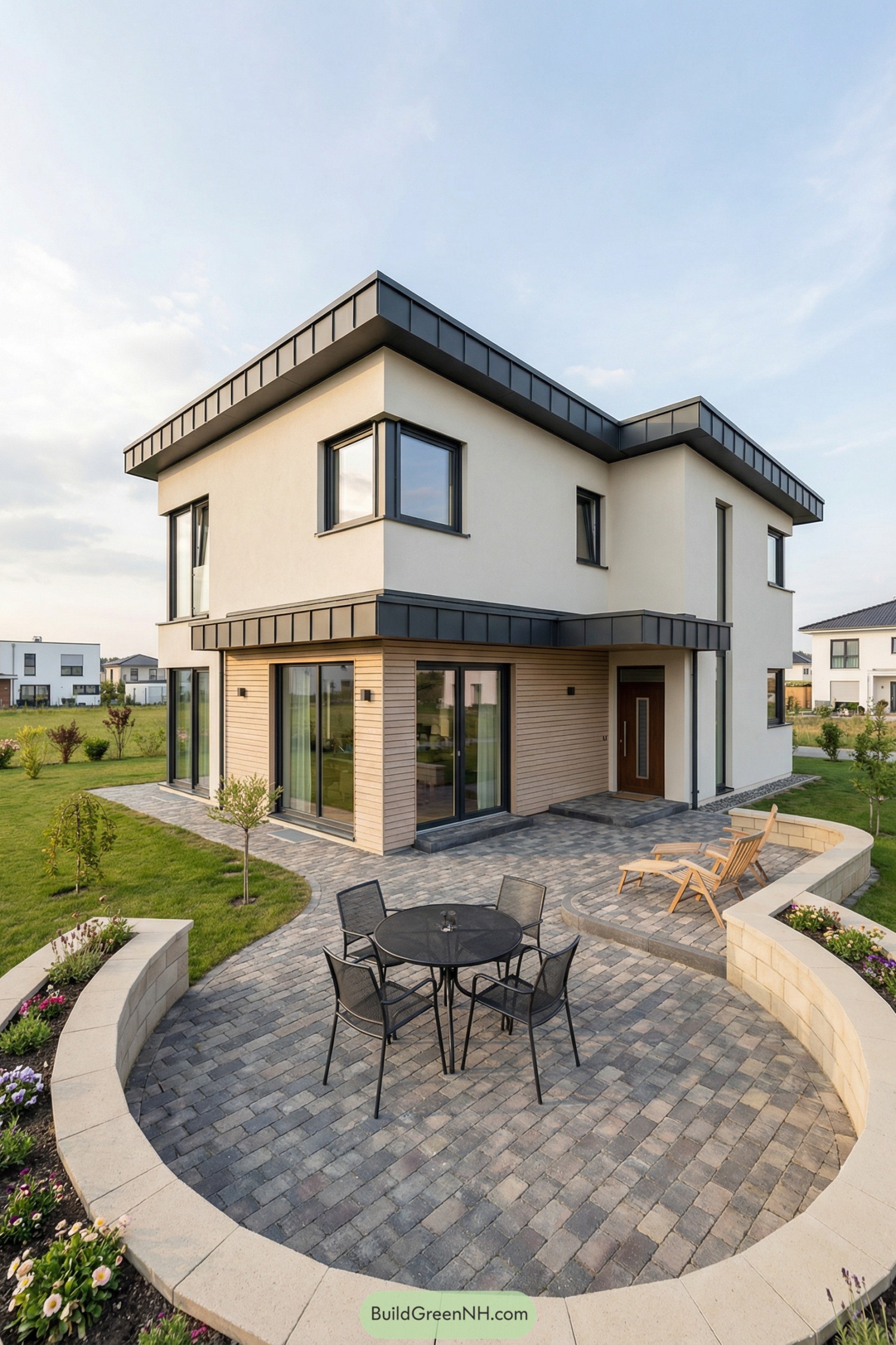 Modern two-story house with curved brick courtyard, round dining set, and low planter walls