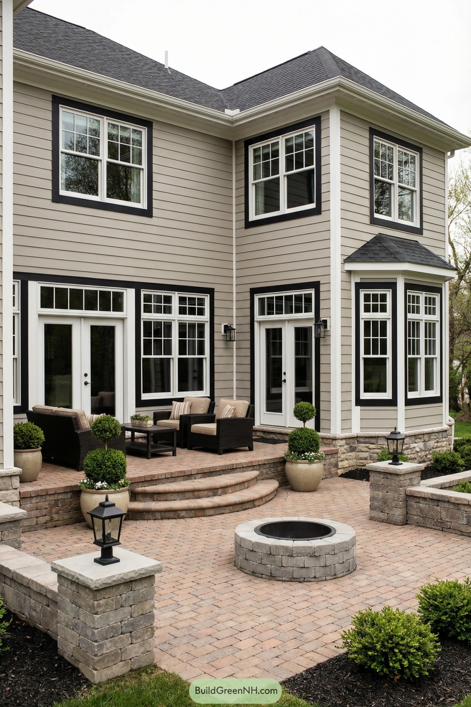Brick courtyard with circular fire pit and stepped seating patio against a modern two-story home