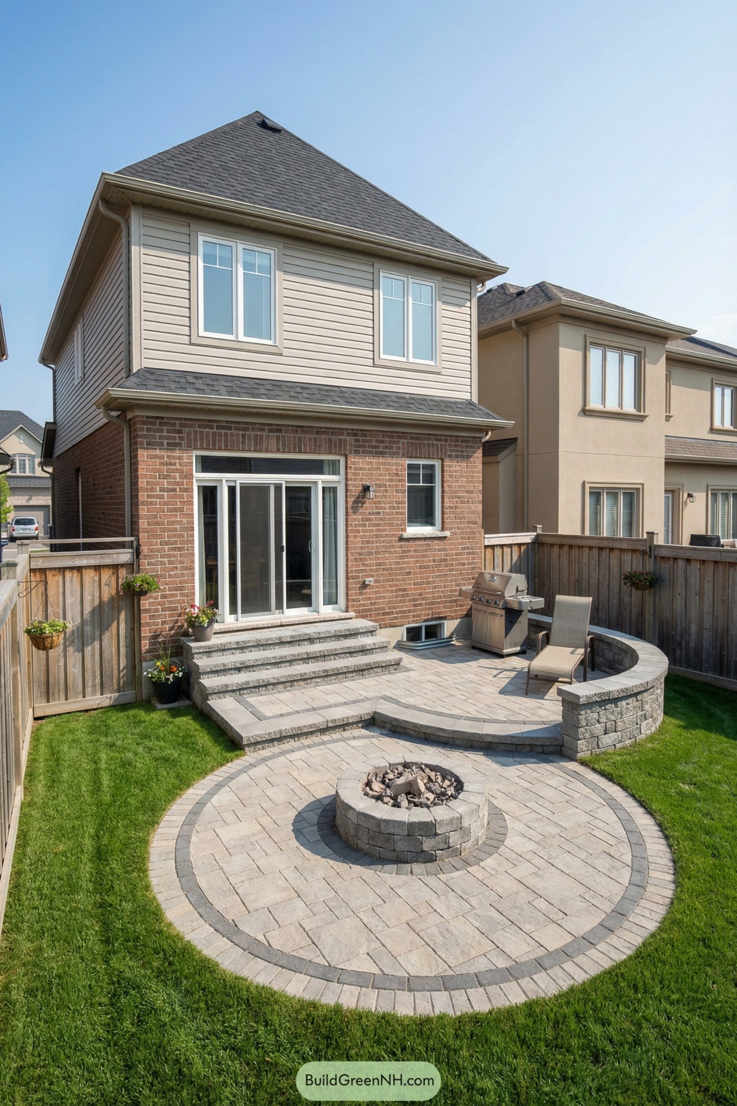Brick-paved backyard patio with circular fire pit, curved seating wall, and grilling area behind a two-story house