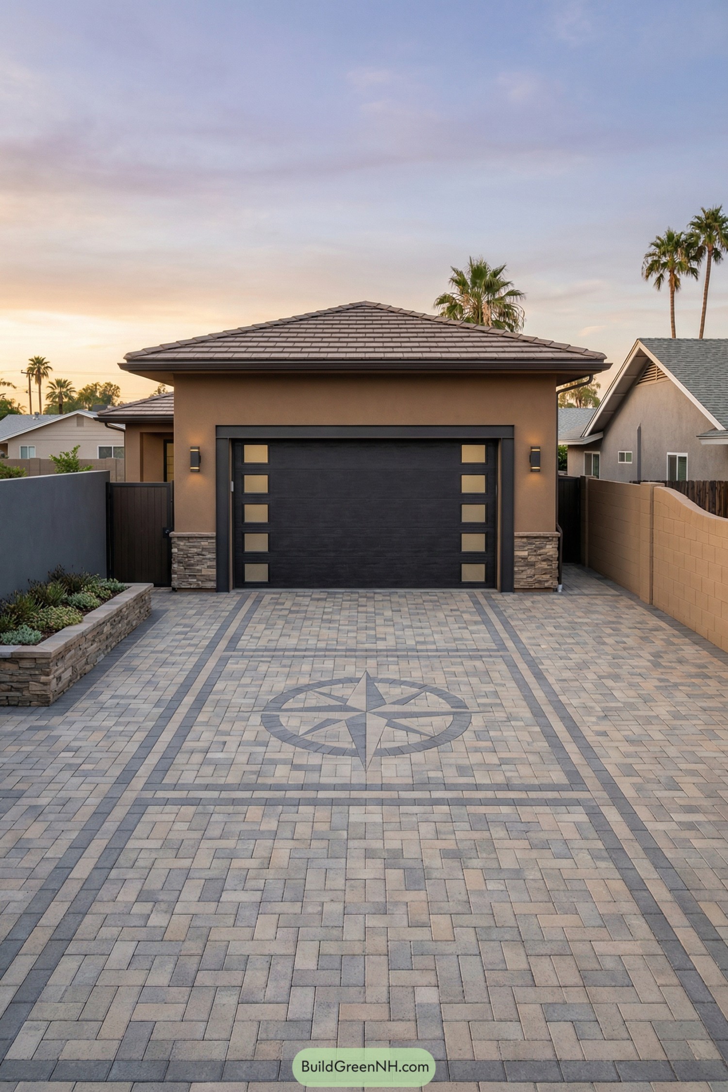Brick driveway with compass pattern and modern garage