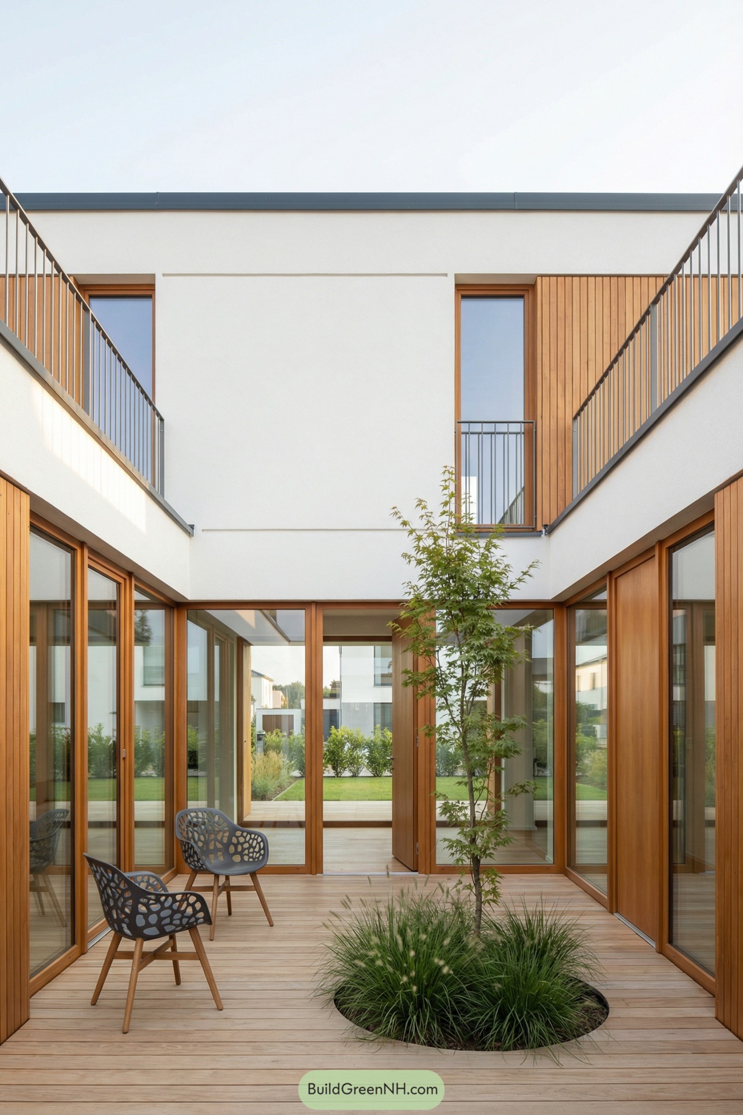 Modern two story courtyard with wood cladding large glass doors and a small tree planted in a circular deck opening