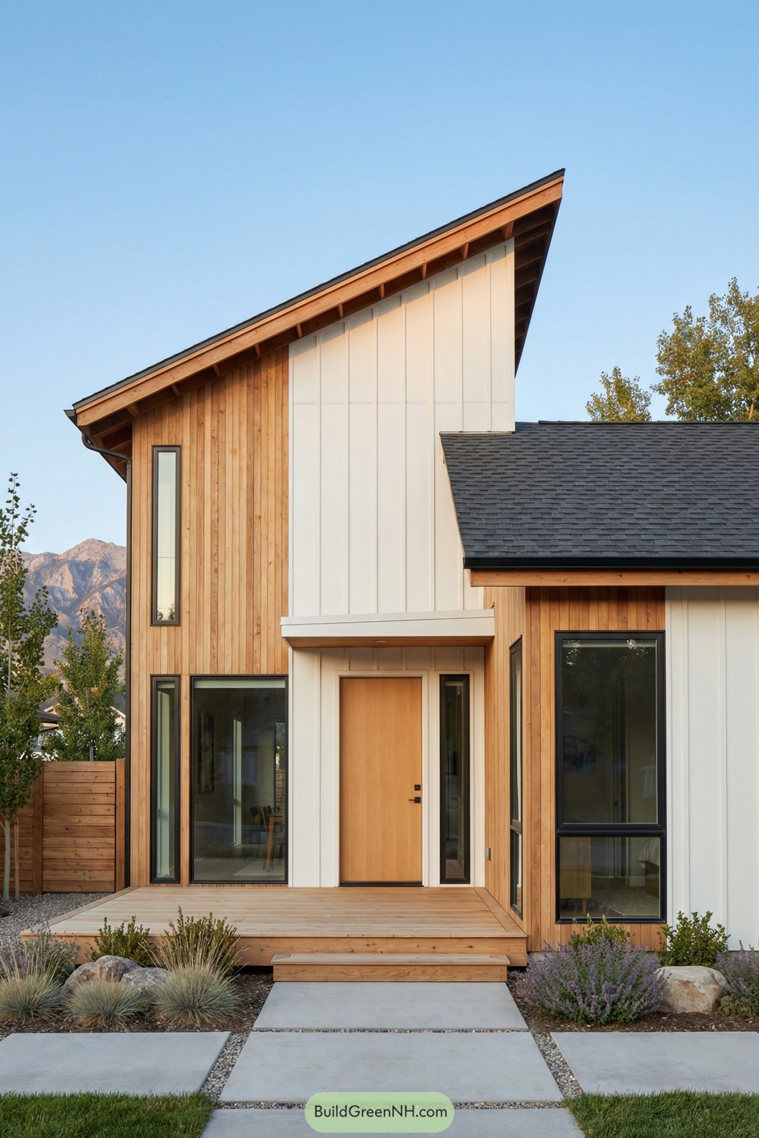 Modern wood and white paneled house with tall sloped roof and simple front porch