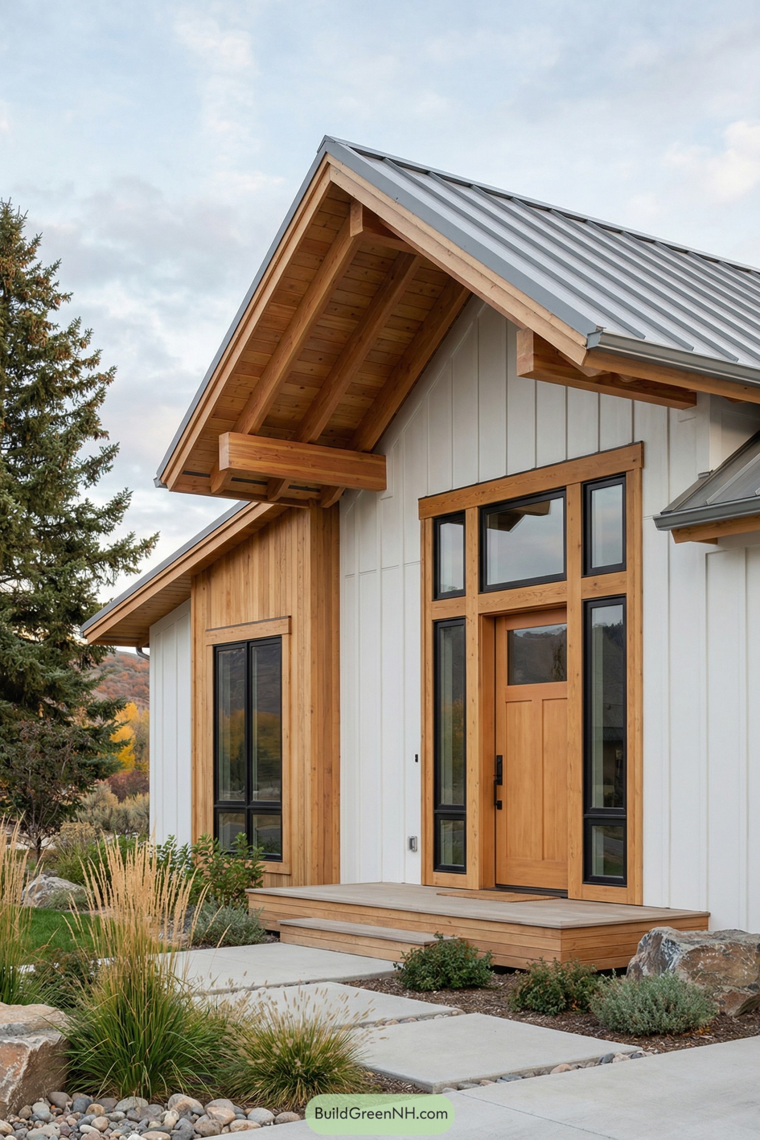 Modern white house with natural wood trim and metal roof