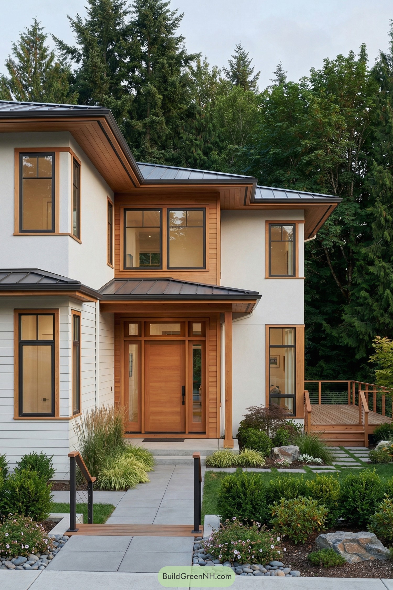 Modern two story home with warm cedar trim and large windows facing a landscaped entry and forest backdrop