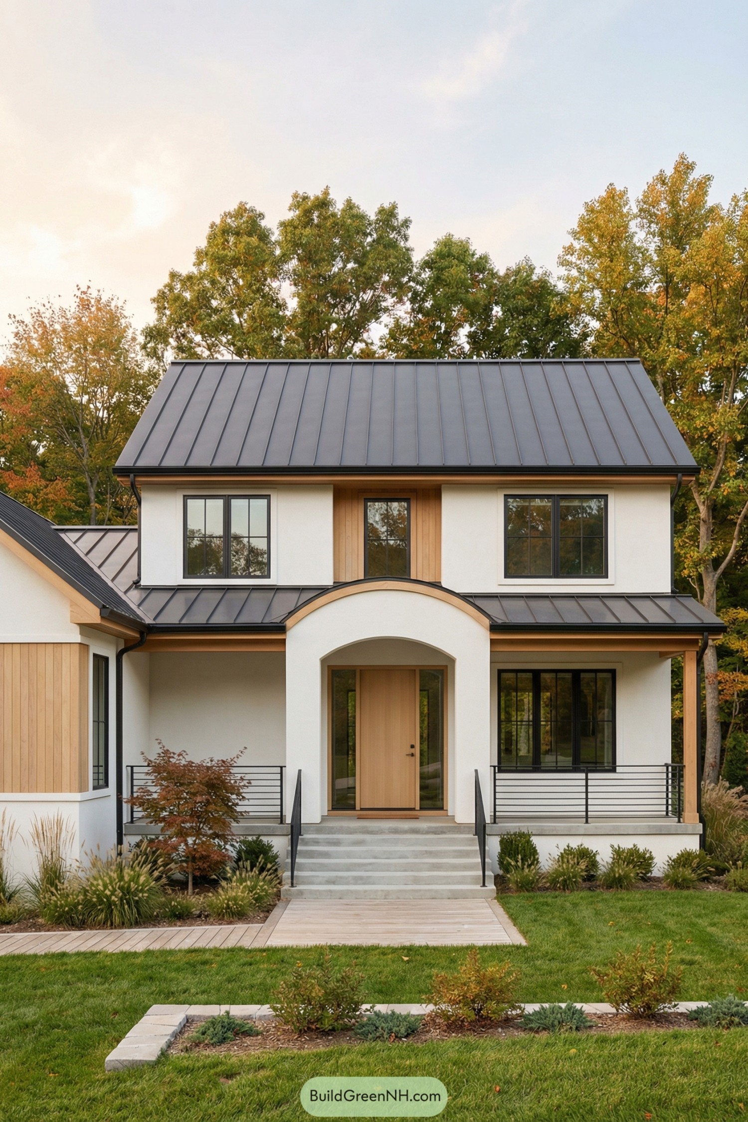 Modern white two story house with black metal roof and light wood trim
