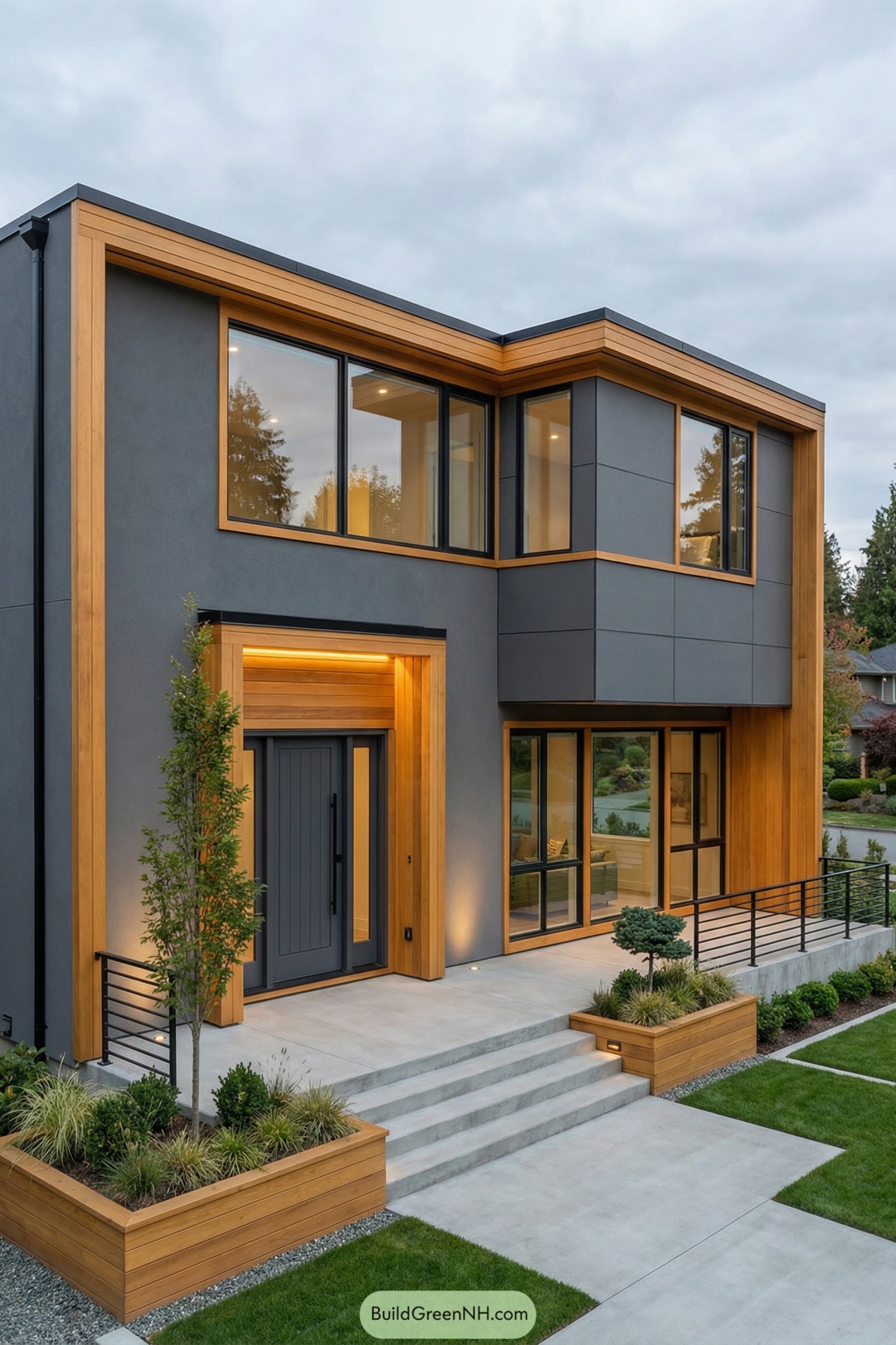 Two story modern house with gray siding and warm wood trim around windows and entry
