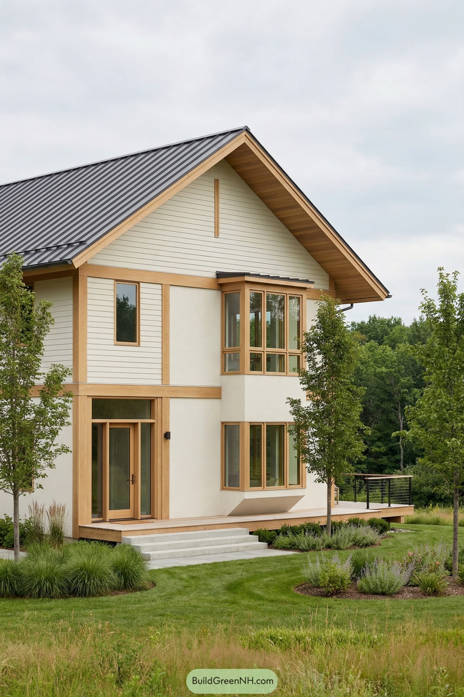 Modern two story house with light wood trim large windows and a dark metal gable roof set in a landscaped green yard