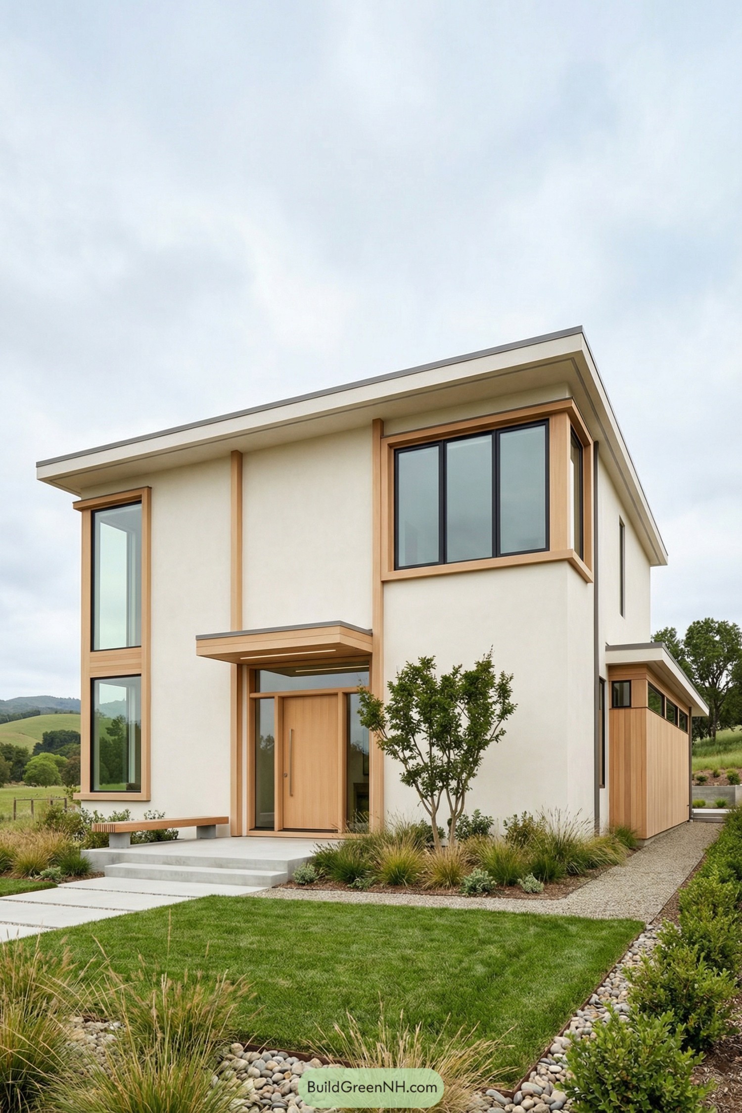 Two story modern home with light wood trim and neutral stucco siding set in a landscaped yard