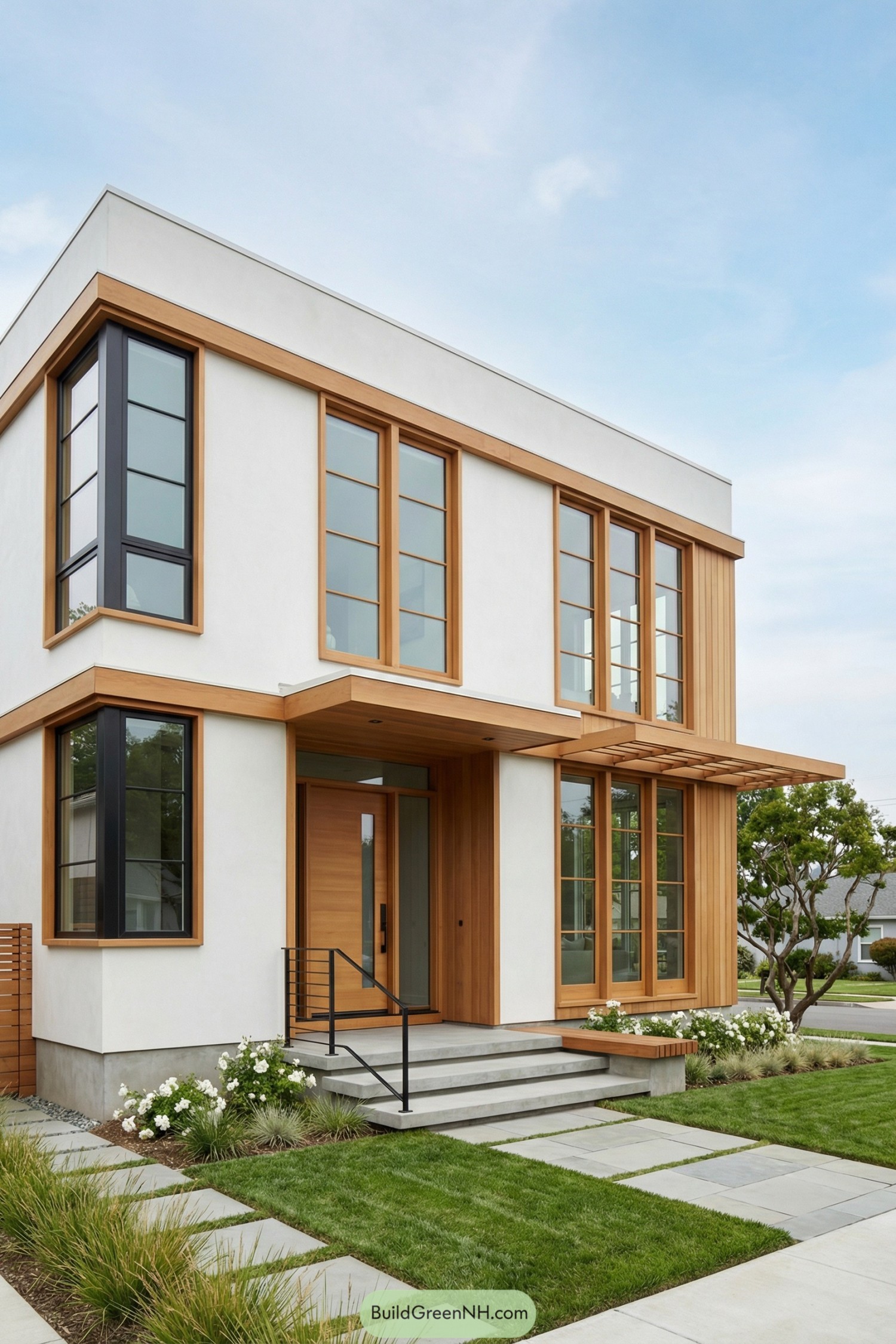 Modern two story white house with large windows and natural wood trim