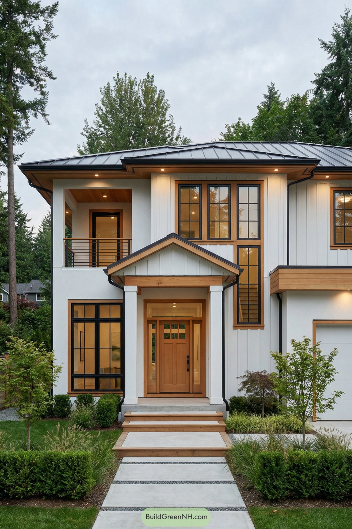 Modern white two story house with black framed windows and natural wood accents