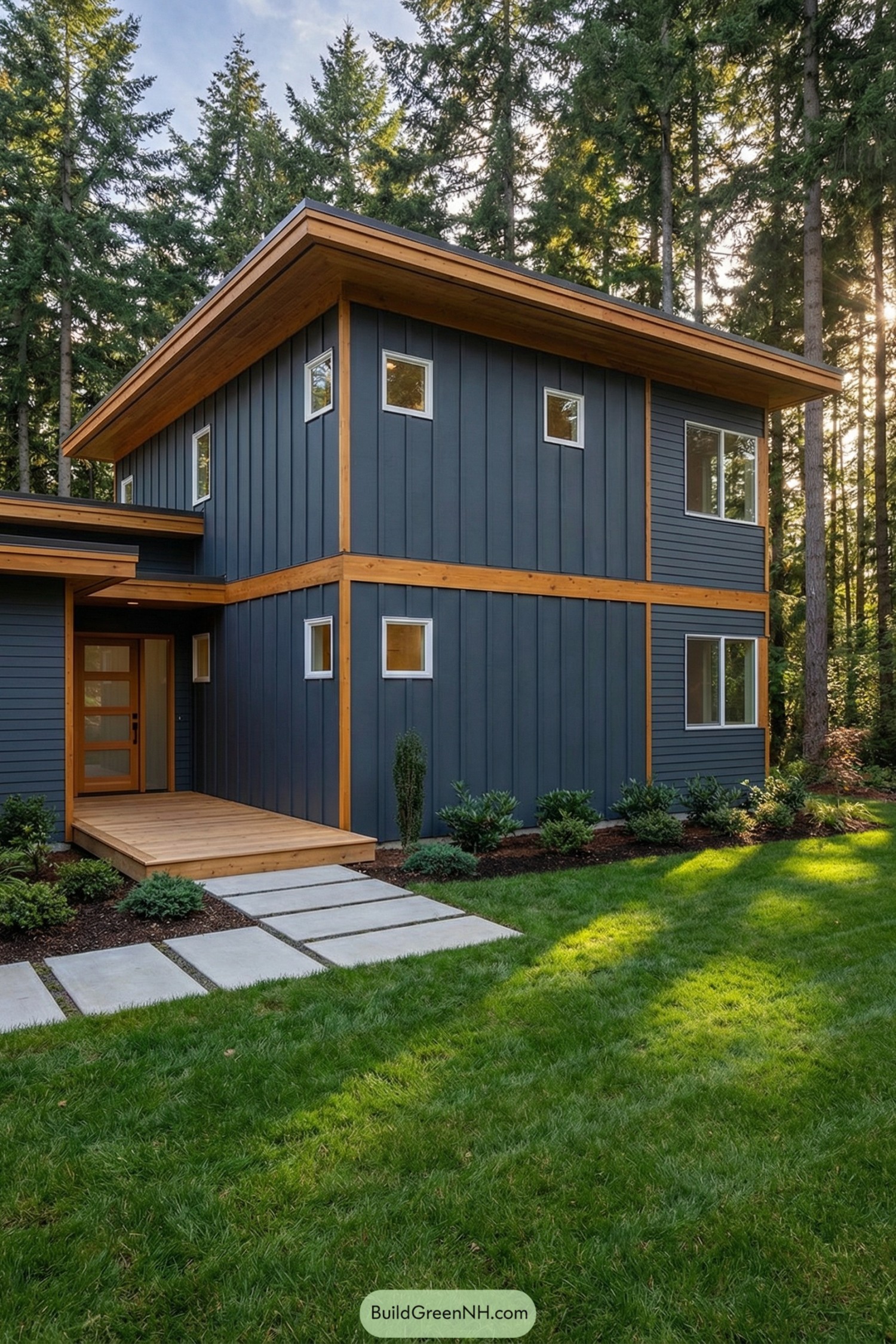 Modern two story house with dark blue siding, natural wood trim, and a low sloped roof set in a wooded yard