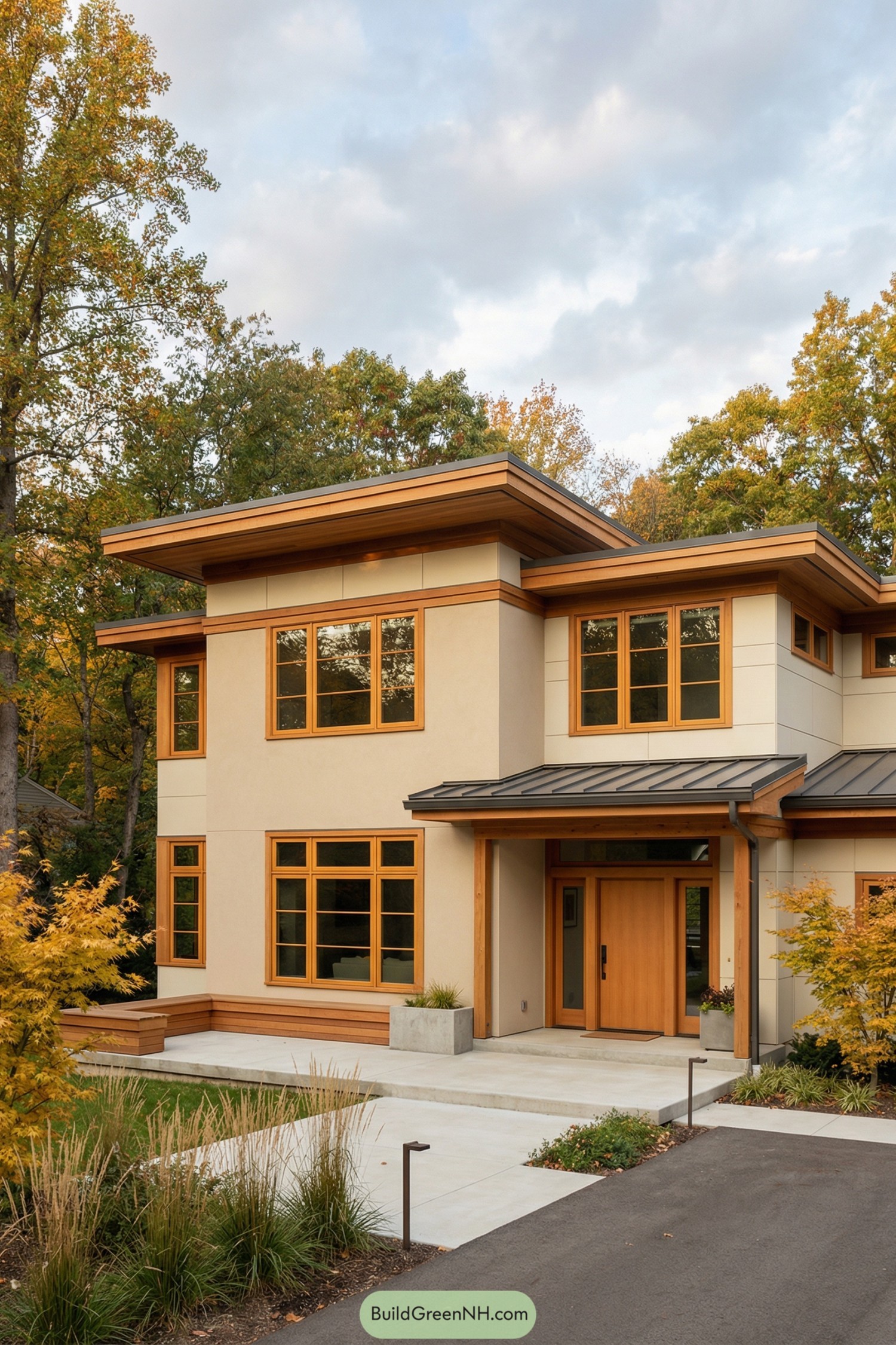 Contemporary two-story house with natural wood trim and flat overhang roofs
