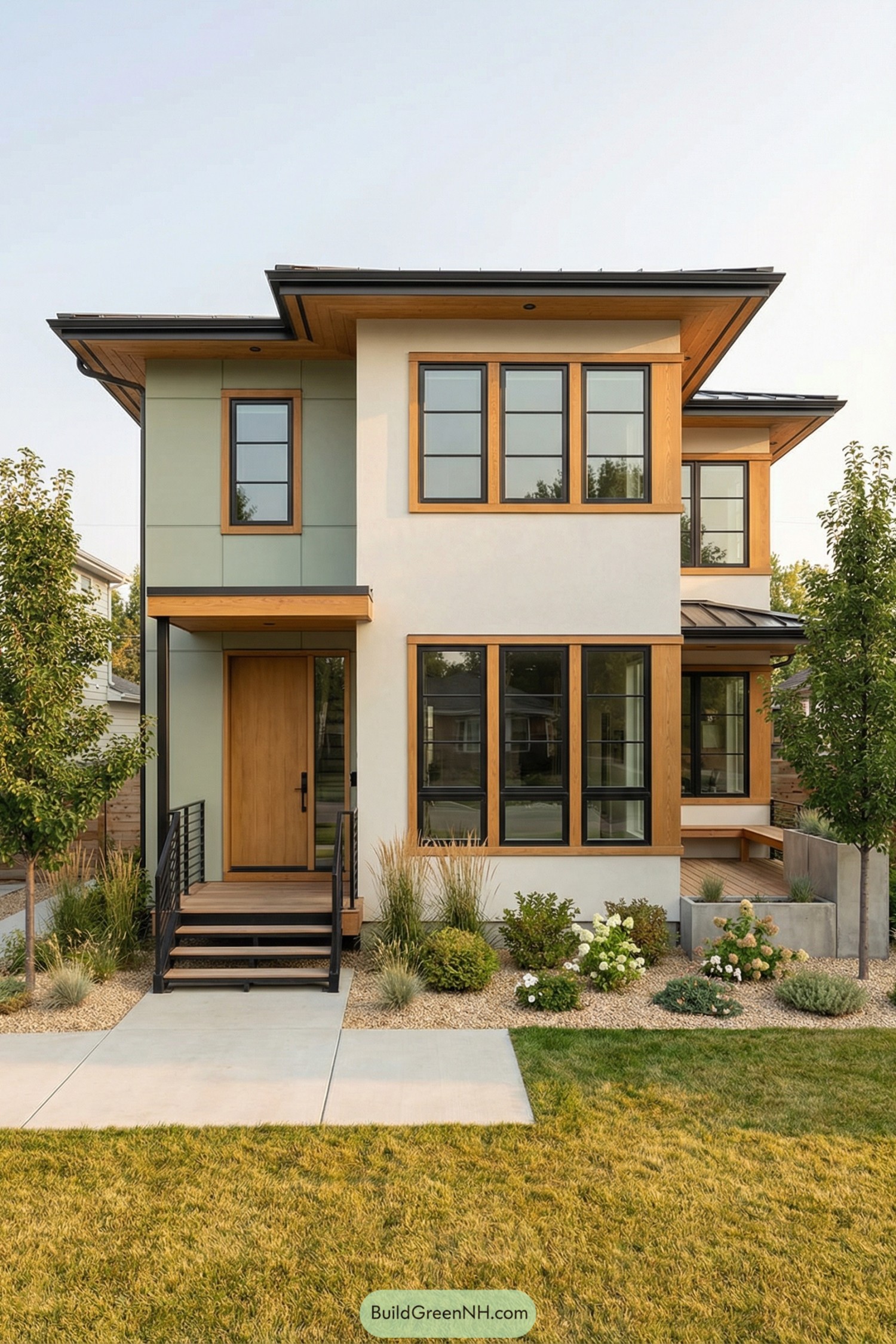 Two story modern house with light wood trim black framed windows and simple drought tolerant landscaping in front