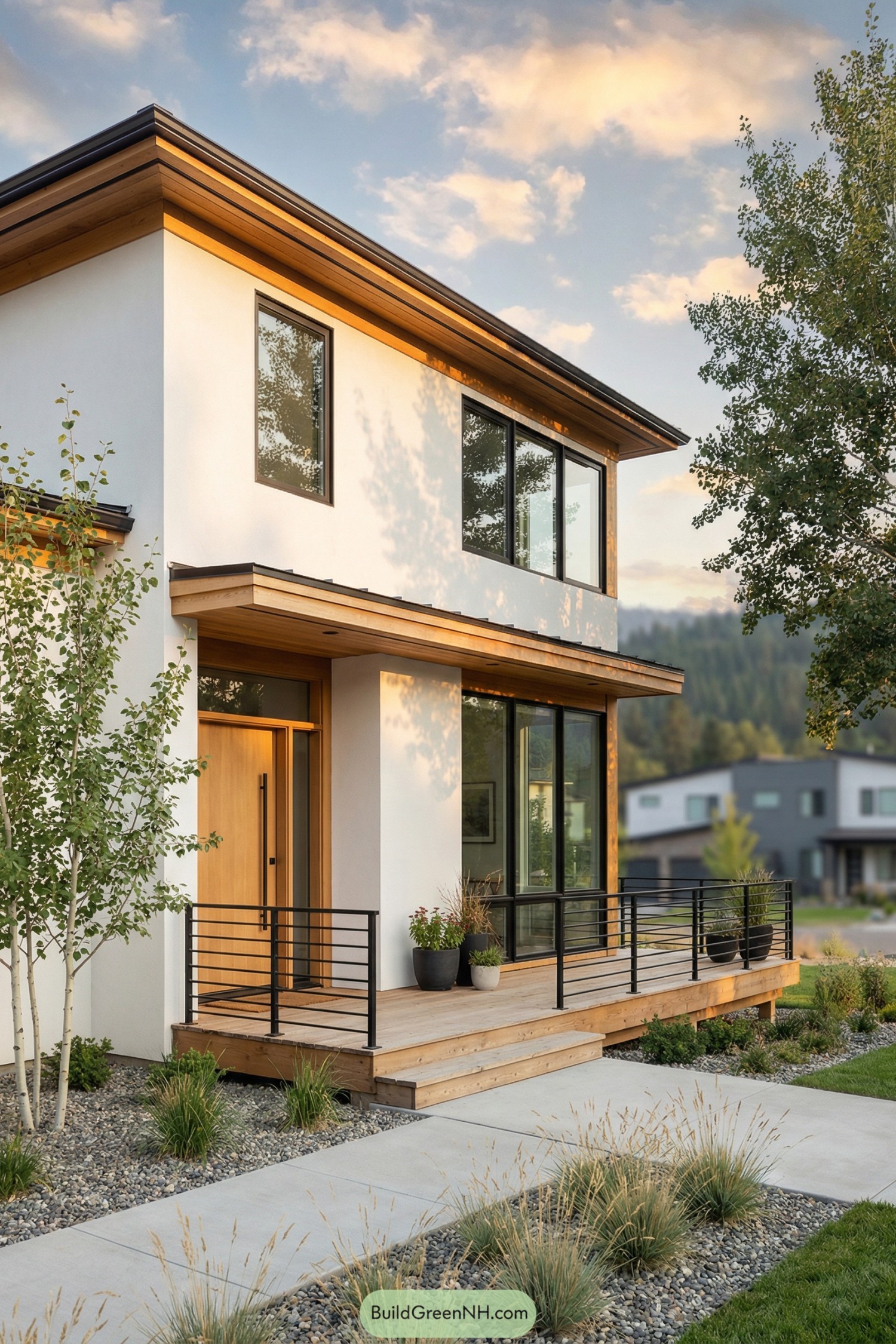 Modern two story house with white walls large black framed windows and warm wood trim and porch