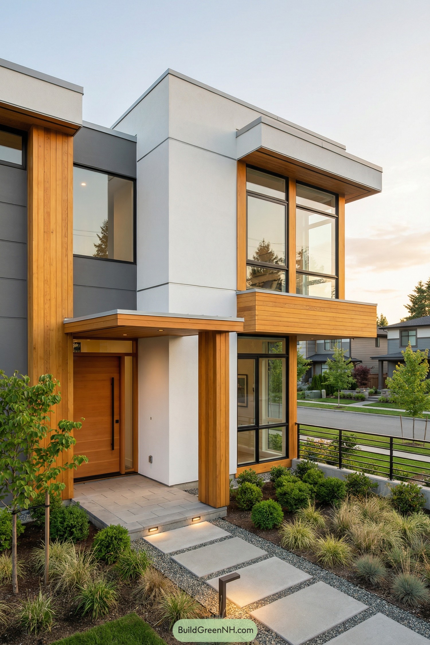 Modern two-story home with warm wood trims and large windows