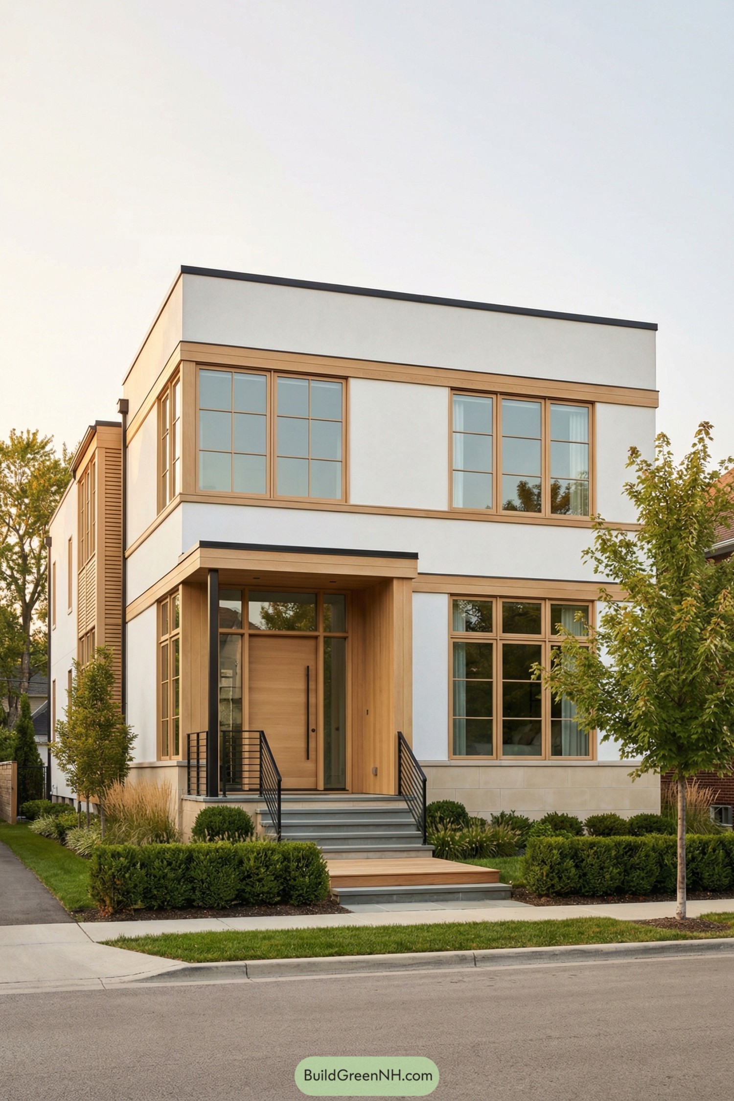 Modern two story cube shaped house with white stucco walls, large grid windows, and warm natural wood trim and entry. Simple front steps, low landscaping, and a small tree frame the sidewalk facing façade
