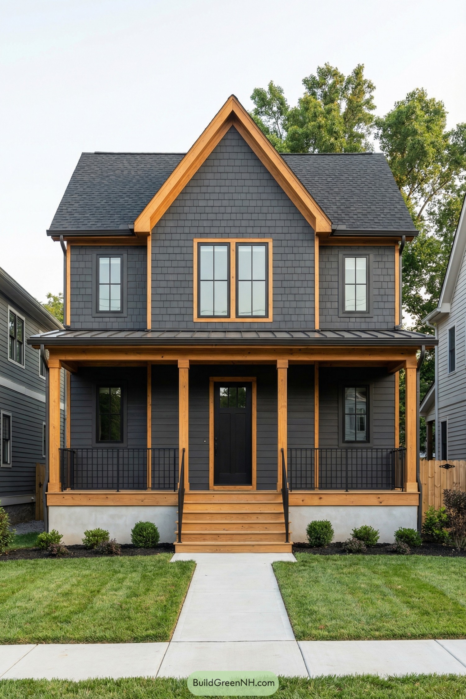 Two-story charcoal house with warm wood trim