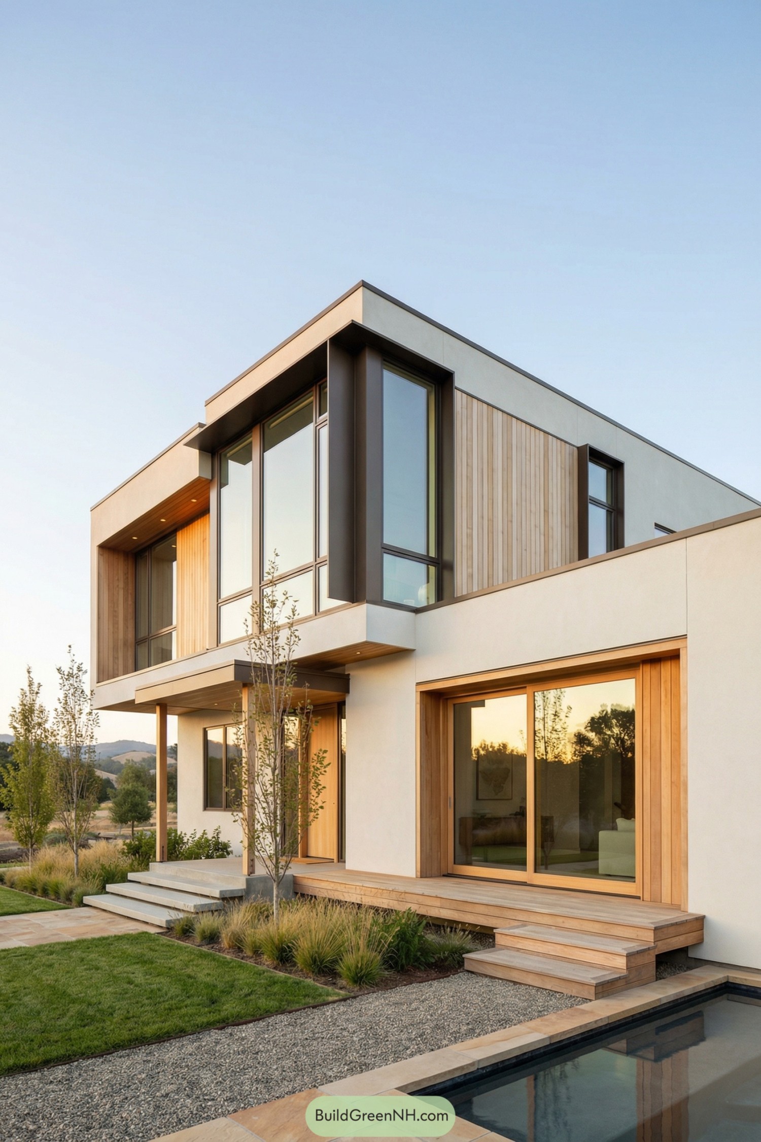 high-res photo of modern house with Natural Wood Trim, minimalist contemporary facade with clean horizontal lines, dominant smooth off-white walls contrasted by light natural wood trim and framing, boxy two-story structure with interlocking rectangular volumes and slight cantilever over entry, materials of building include white stucco, vertical natural cedar cladding panels, exposed light wood beams, and dark bronze metal accents, flat roof with thin metal coping and recessed wood-lined soffits, large floor-to-ceiling aluminum windows with slim dark frames rhythmically divided, corner glazing on upper level, wide sliding glass doors with natural wood surround opening to terrace, covered entry porch with wood ceiling, slender wood posts, and floating concrete steps, narrow wood deck running along facade with built-in low wood bench, landscaping with warm-toned stone pavers, neatly edged lawn, ornamental grasses, low shrubs, and a few slender deciduous trees, foreground with gravel strip and rectangular reflecting pool parallel to facade, background with soft rolling hills and scattered trees under clear sky, late-afternoon light casting gentle shadows and warm reflections on glass and wood surfaces, real-life photo, high-resolution, architectural photography, soft lighting, cinematic composition.