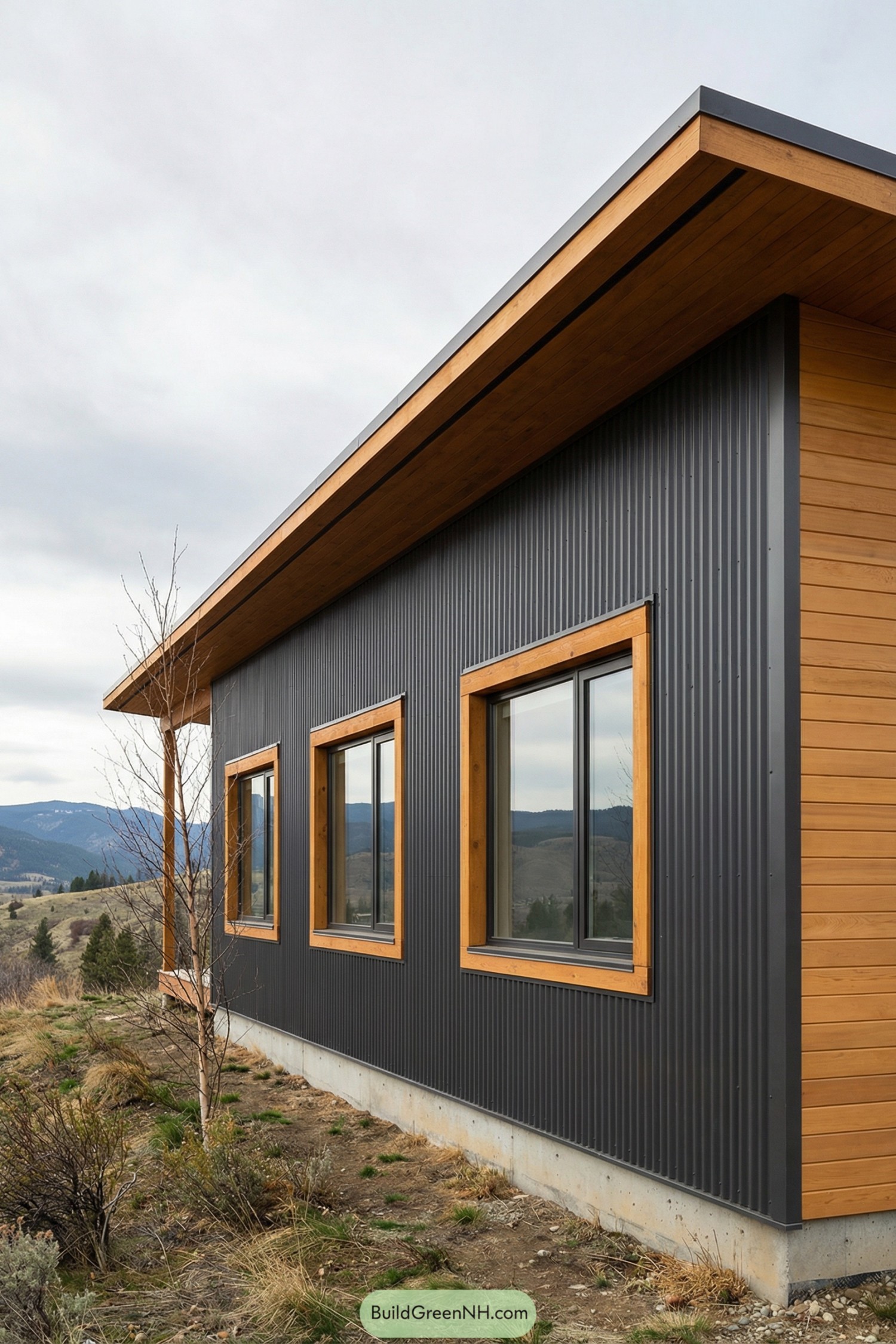 Modern cabin with dark metal siding and warm wood trim on a sloped rural site