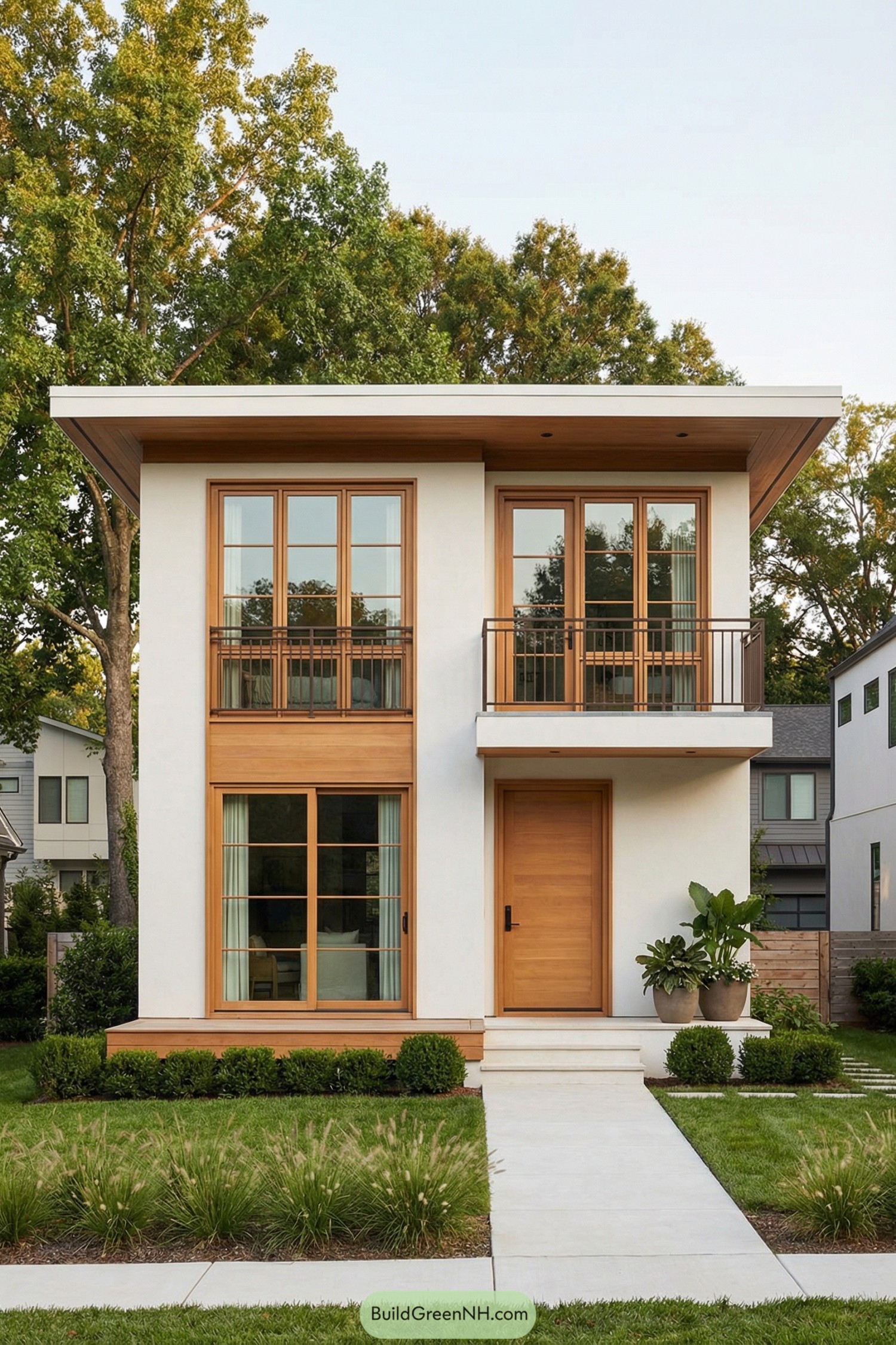 Modern two story white house with large wood framed windows and flat roof. Lush front lawn and simple path leading to a wood front door
