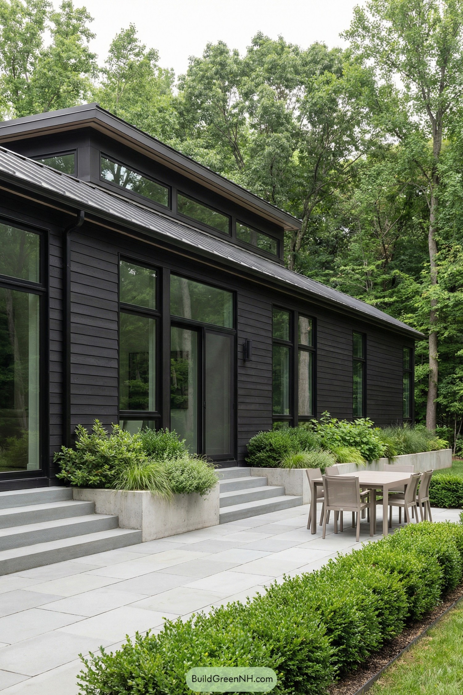 Modern black shiplap house with patio