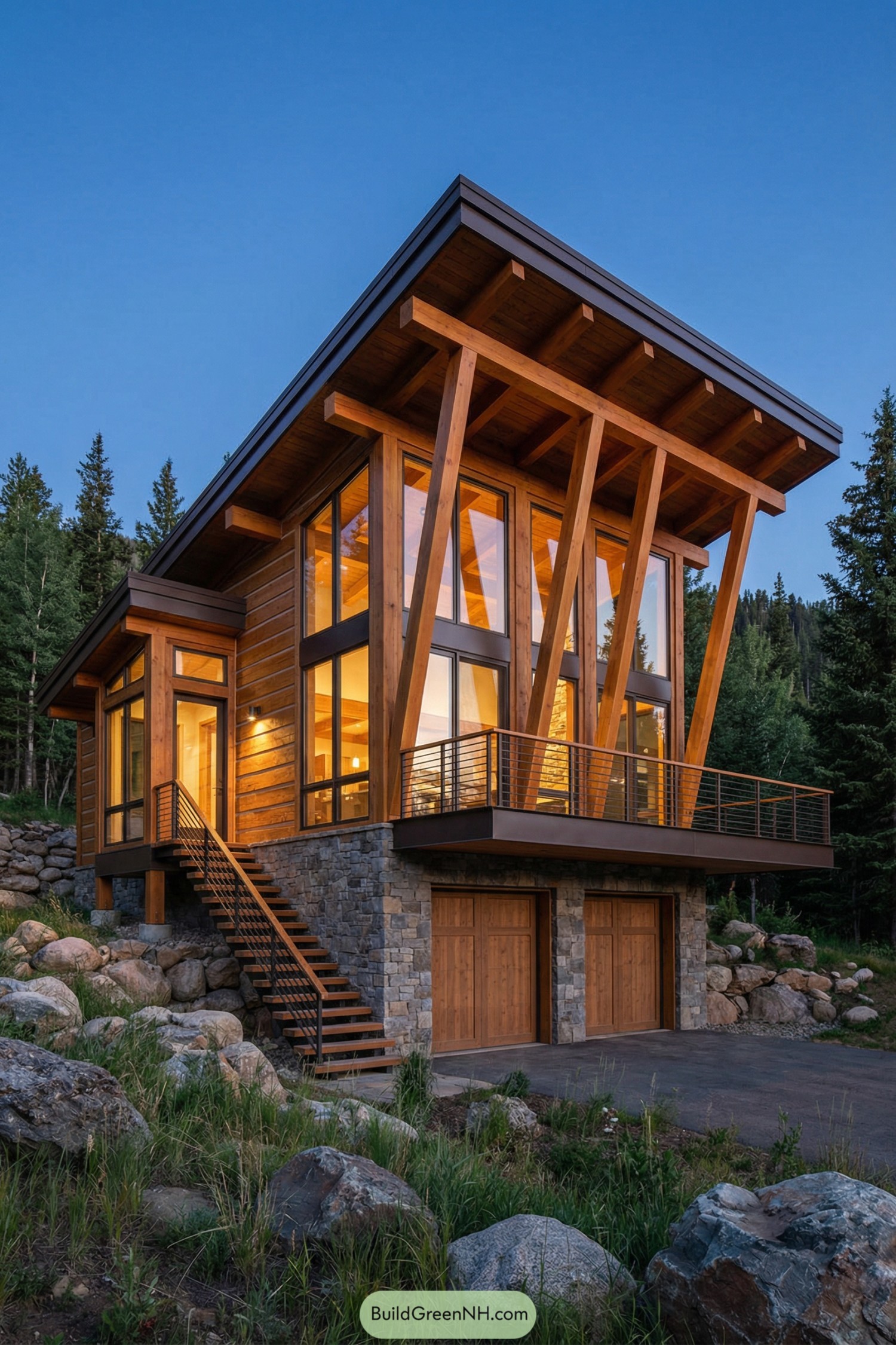 Modern timber cabin with tall glass facade