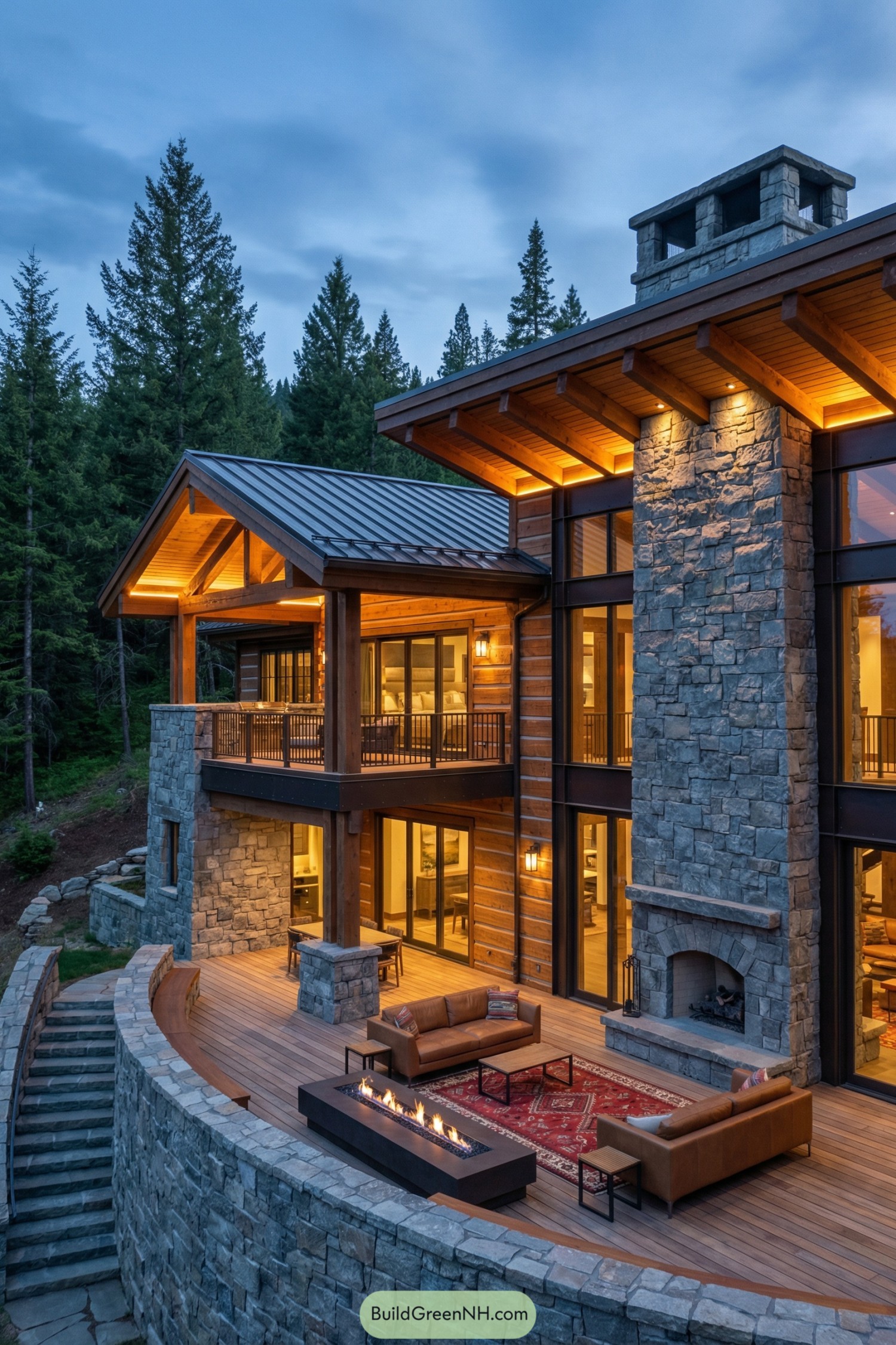 Two-story timber and stone lodge with expansive glass walls and curved terrace featuring outdoor seating and a linear fire pit