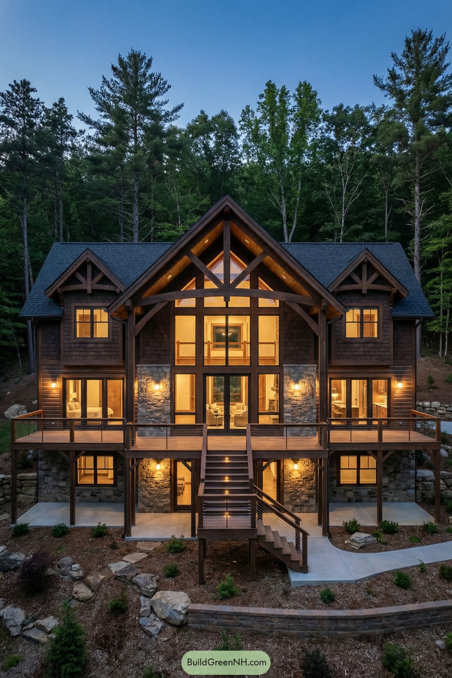 Three story timber and stone cabin with expansive glass facade and multiple decks in a forest setting
