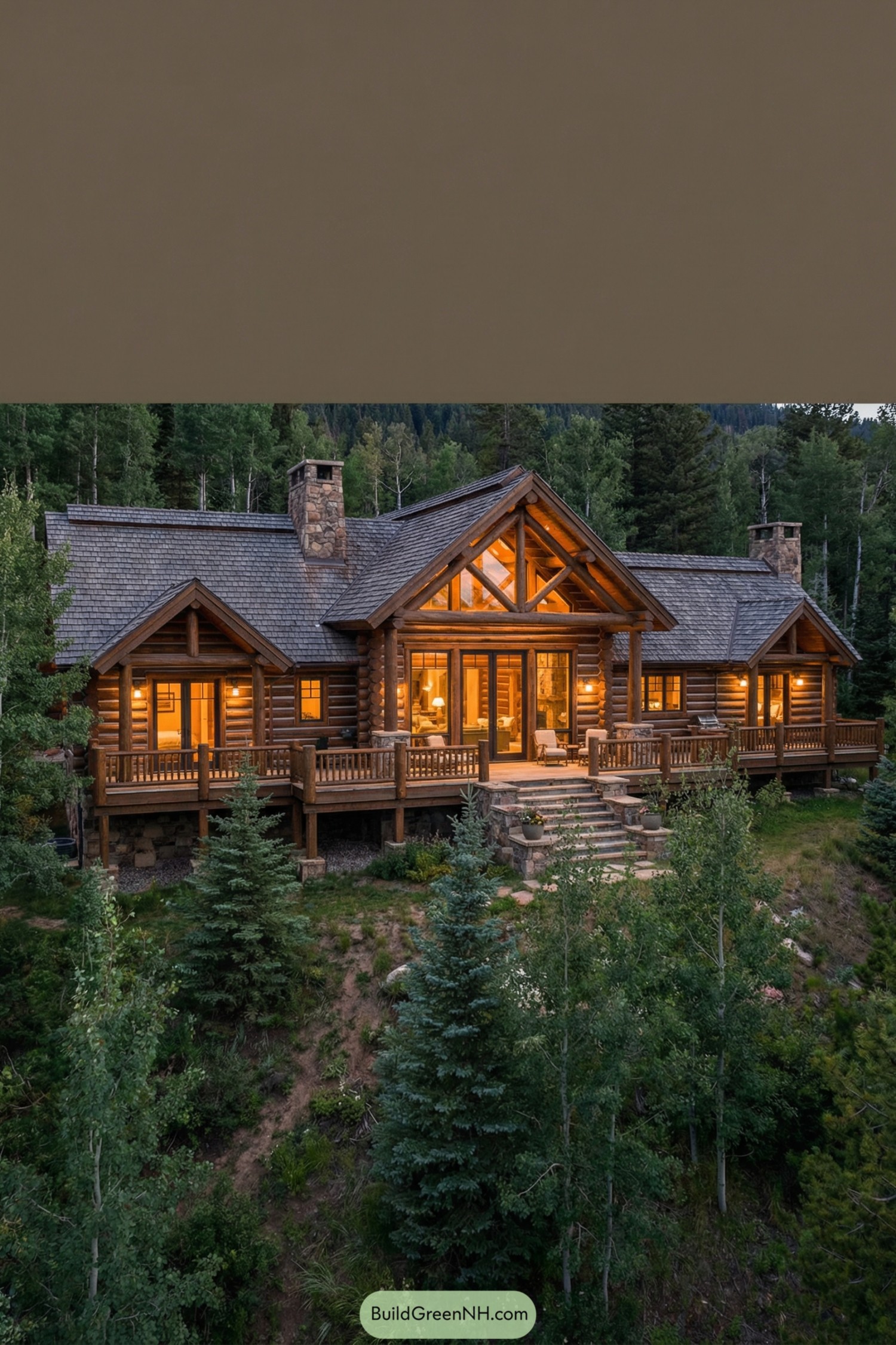 Cozy log cabin with wide deck nestled in forested hillside