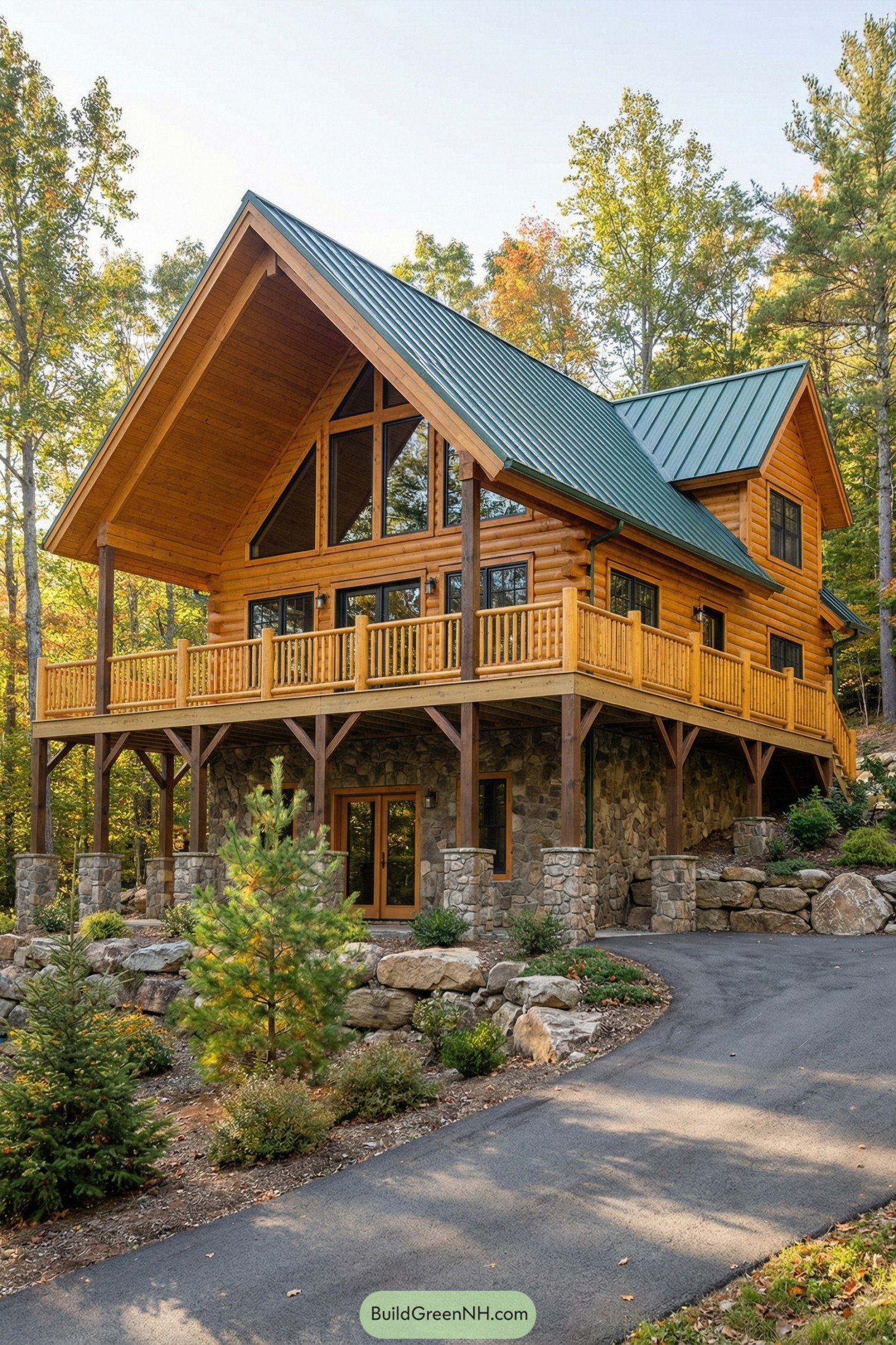 Two-story log cabin with stone base, wraparound deck, and green metal roof set among trees. Paved driveway curves up to the stone entry level