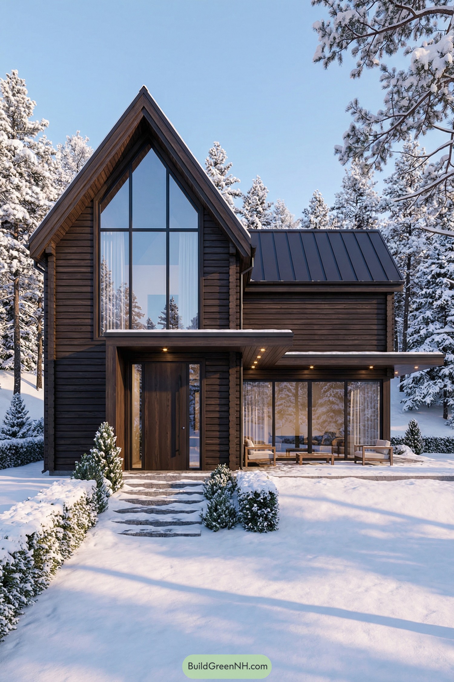 Modern dark-wood cabin with tall glass façade in snowy forest